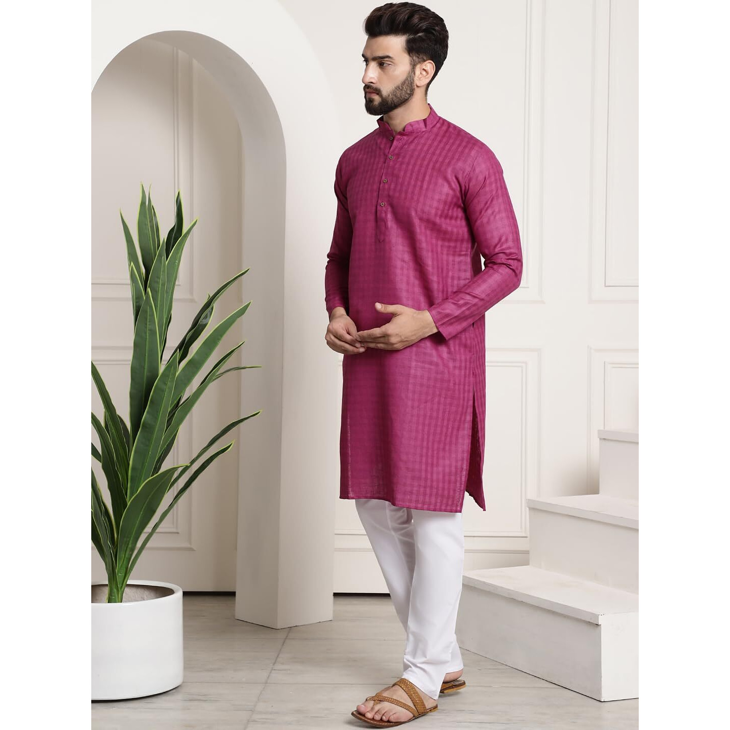 Sojanya (Since 1958 Men's Cotton Blend Magenta Checked Kurta And White Churidar Pyjama Set