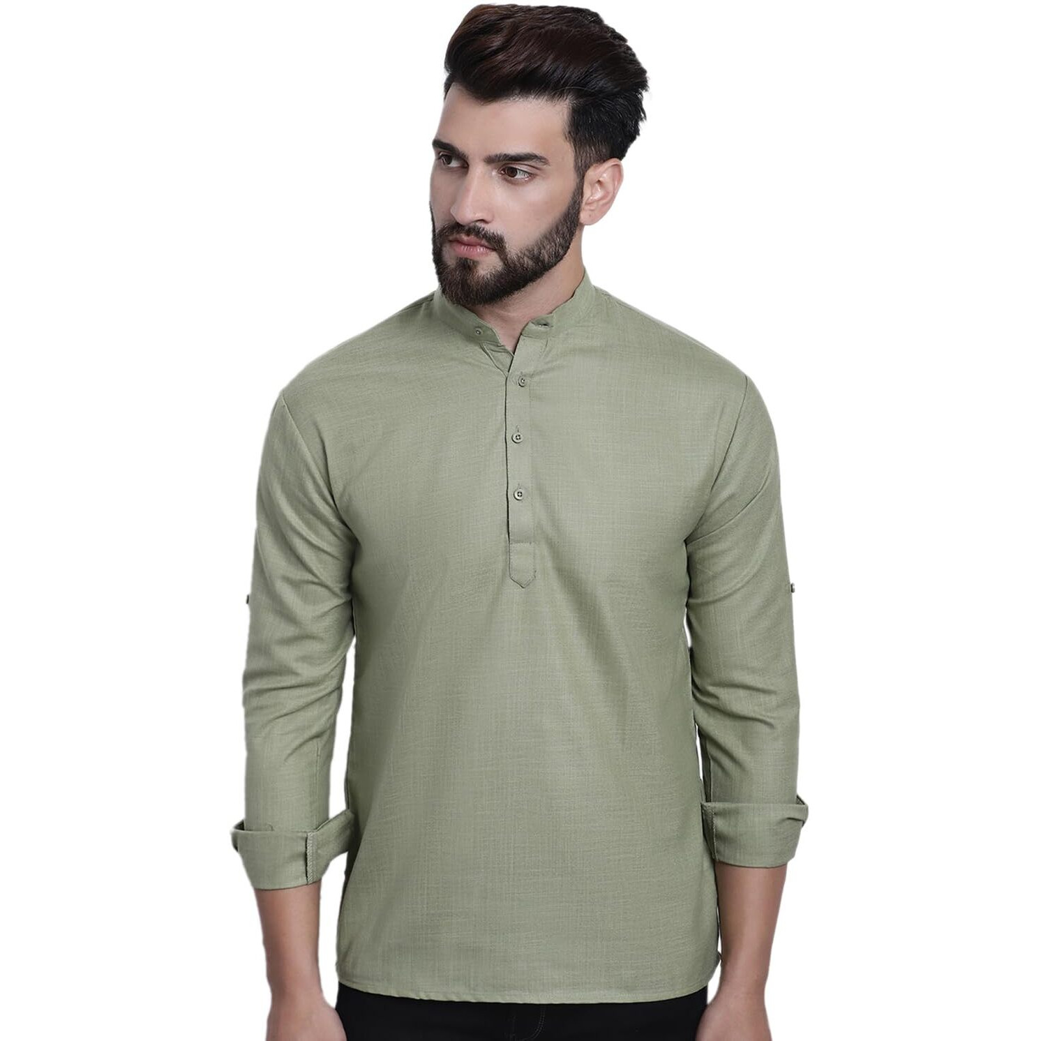 Sojanya (Since 1958, Men's Cotton Blend Pista Green Solid Only Short Kurta
