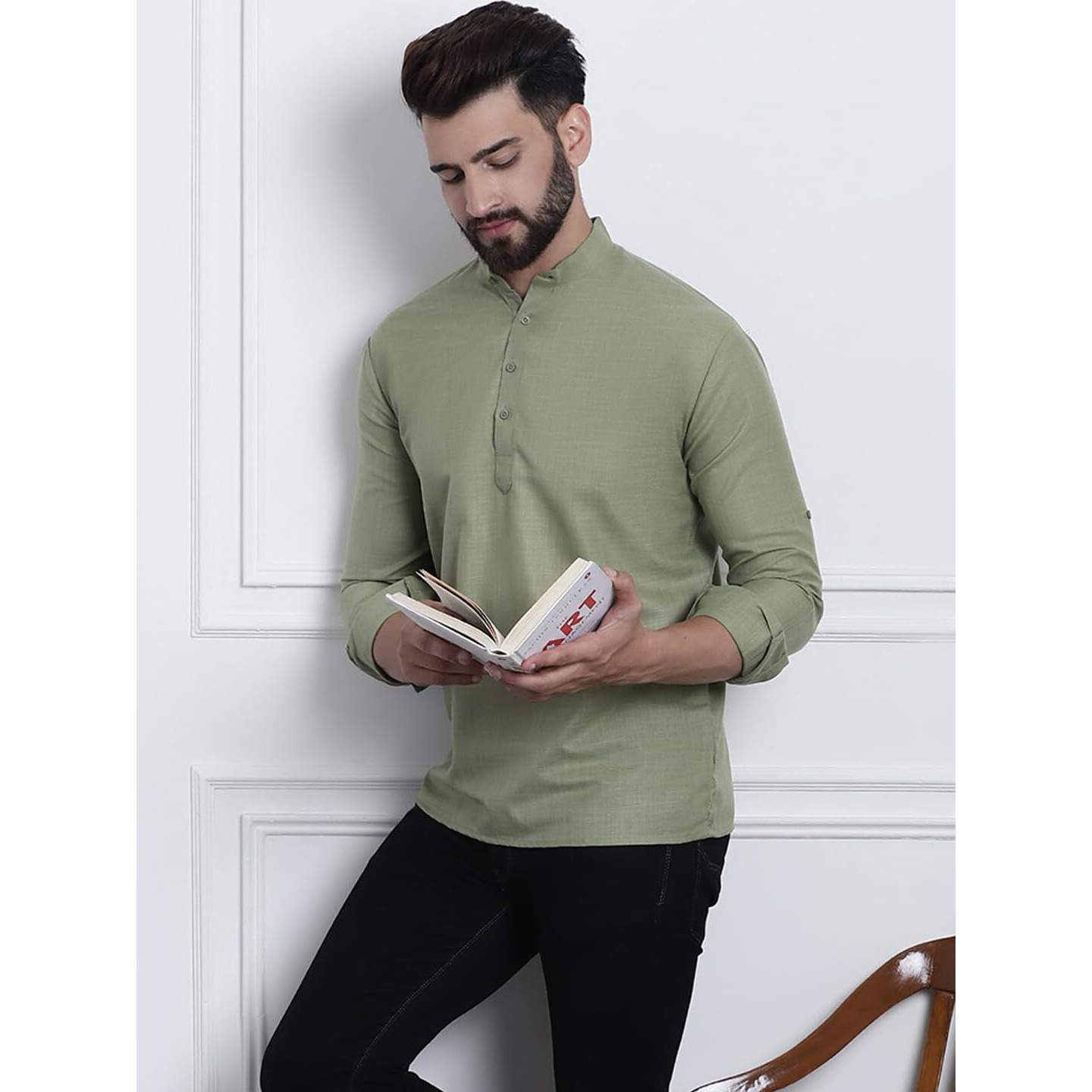 Sojanya (Since 1958, Men's Cotton Blend Pista Green Solid Only Short Kurta