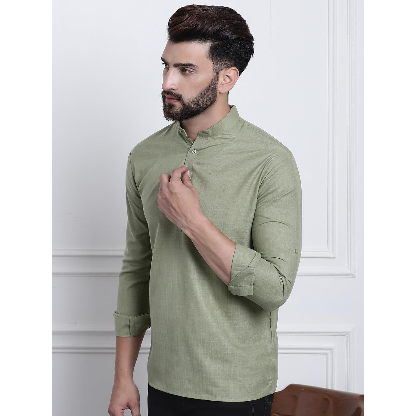 Sojanya (Since 1958, Men's Cotton Blend Pista Green Solid Only Short Kurta