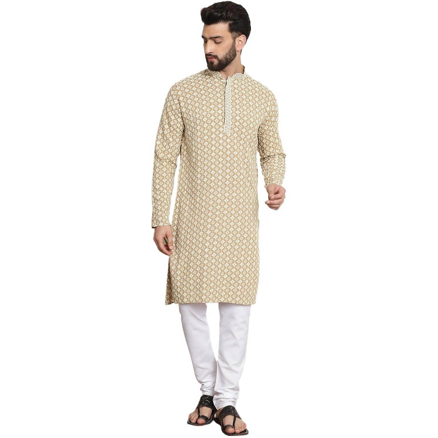 Sojanya (Since 1958 Men's Cotton Gold Embroidered Sequinned Beige Kurta With White Churidar Pyjama