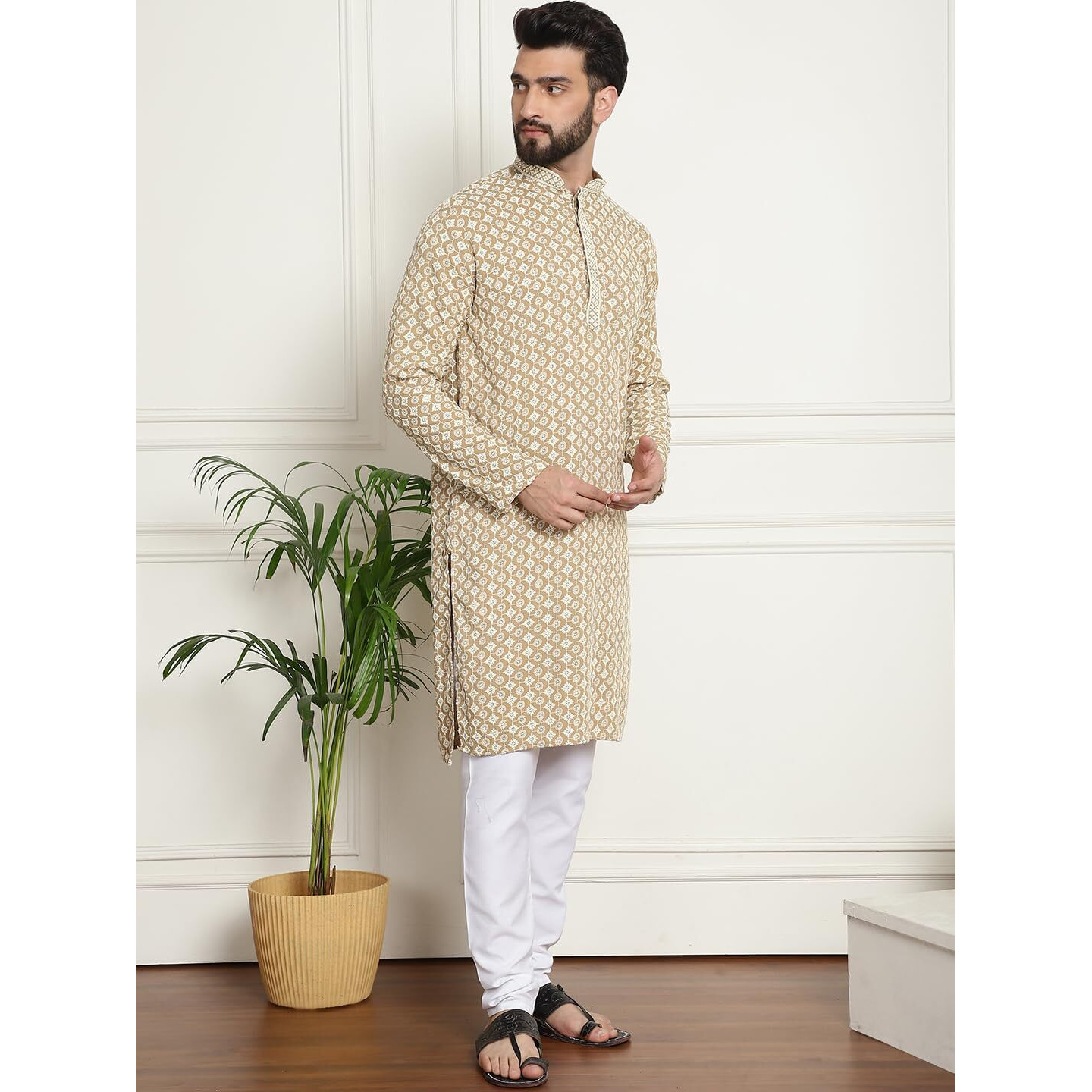 Sojanya (Since 1958 Men's Cotton Gold Embroidered Sequinned Beige Kurta With White Churidar Pyjama