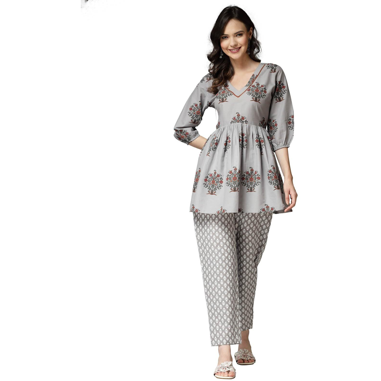Stylum Women's Floral Printed Cotton Co-Ord Set (Csgreyavika42_Grey, Xl)