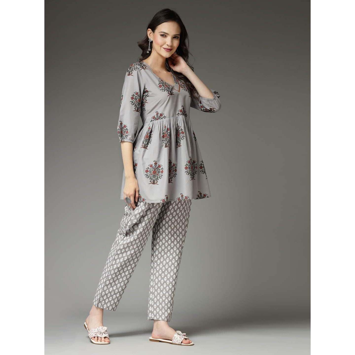 Stylum Women's Floral Printed Cotton Co-Ord Set (Csgreyavika42_Grey, Xl)