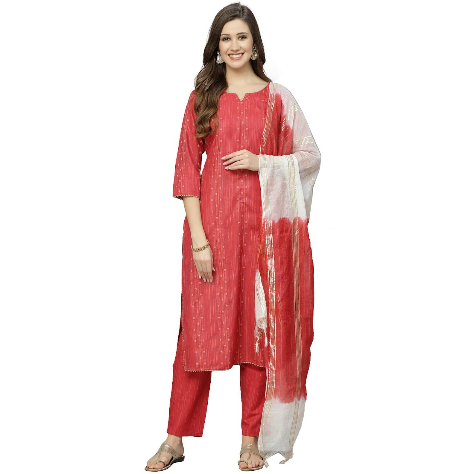 Stylum Women's Woven Design Cotton Blend Straight Kurta Pant Dupatta Set (Redjugno36_Red, S)