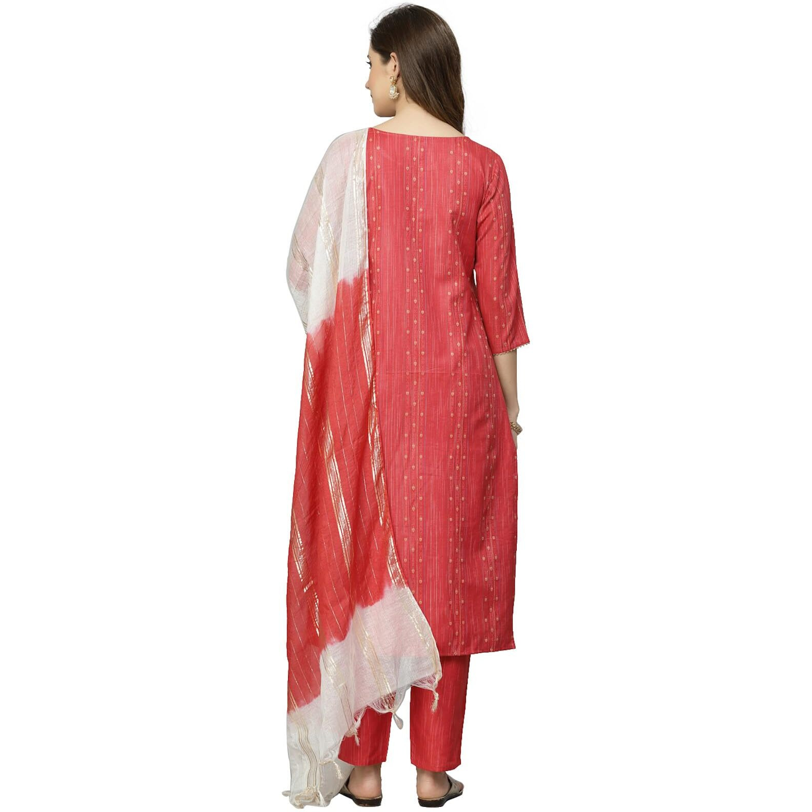 Stylum Women's Woven Design Cotton Blend Straight Kurta Pant Dupatta Set (Redjugno36_Red, S)