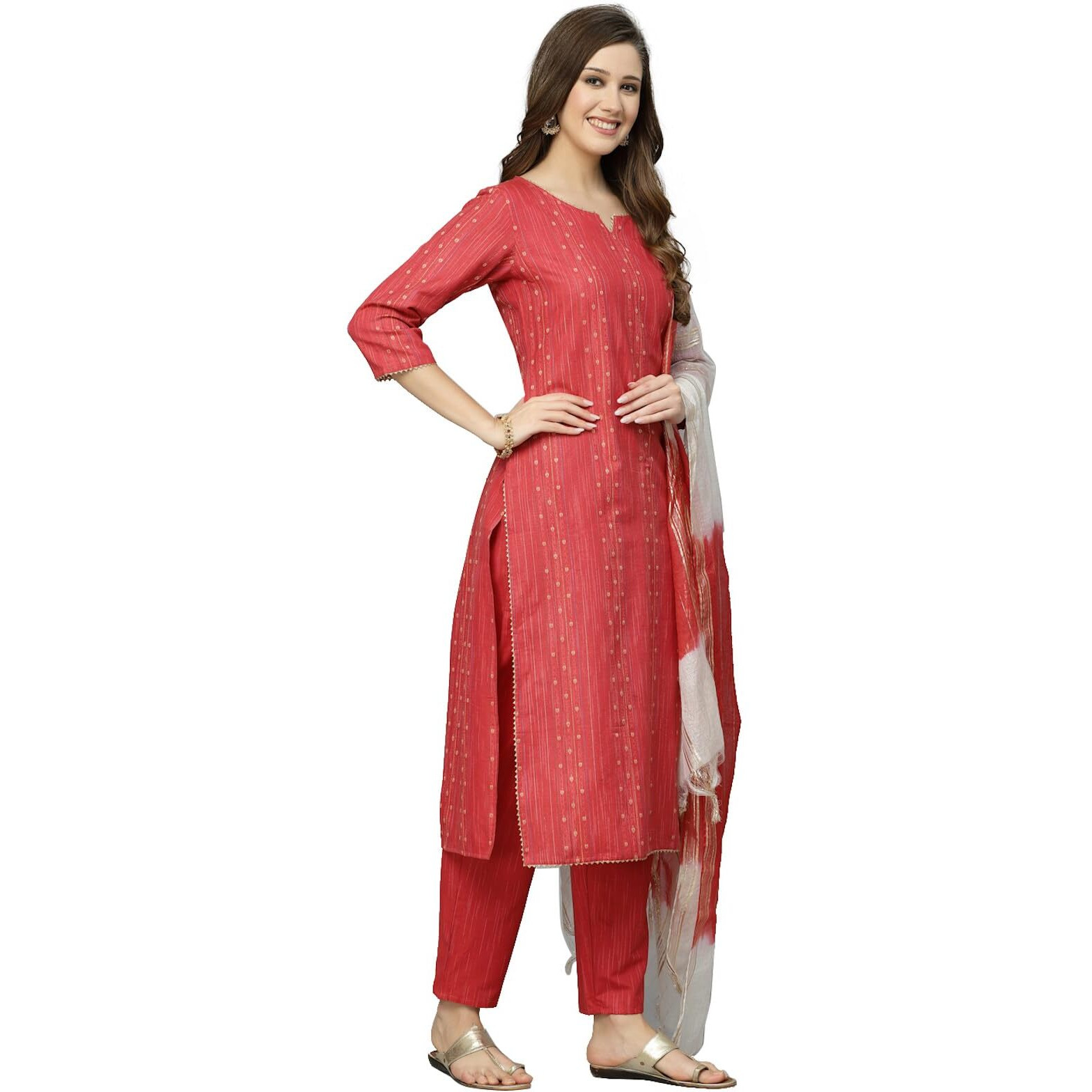 Stylum Women's Woven Design Cotton Blend Straight Kurta Pant Dupatta Set (Redjugno36_Red, S)