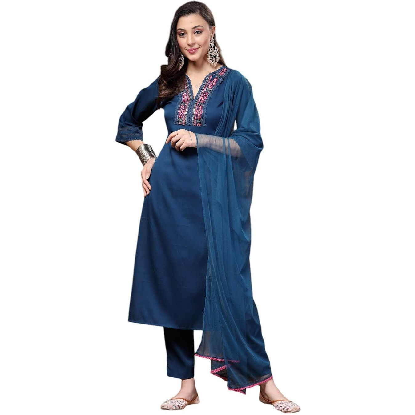 Stylum Women's Solid & Embroidered Italian Crush Straight Kurta Pant Dupatta Set (Kpdtealvooma40_Teal, L)