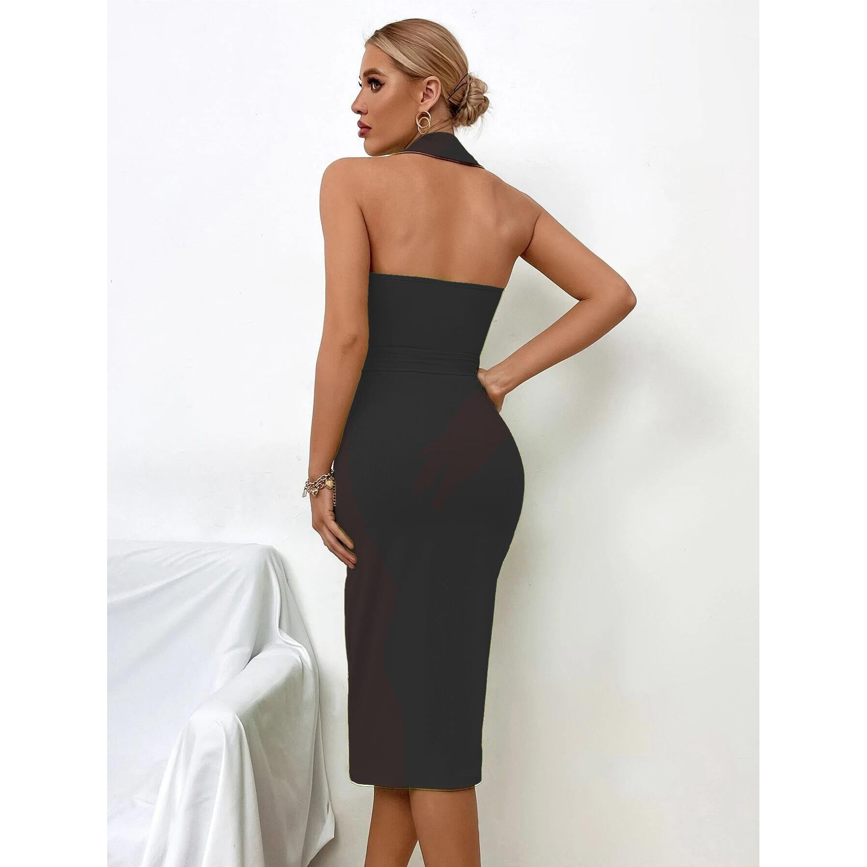 Sugathari Solid Women Black, V-Neck Ribbed Knit Sleeveless Bodycon Dress (Midi 103 Black L)