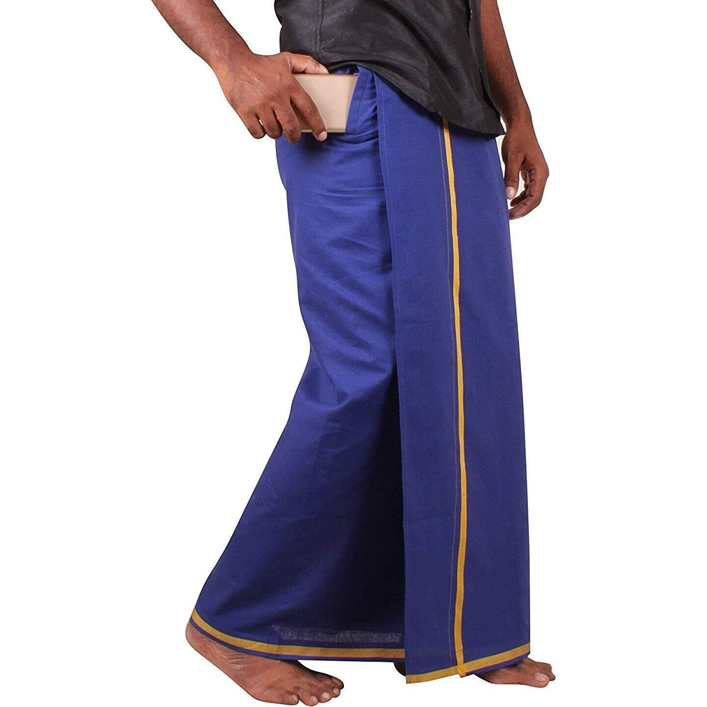Prakasam Cotton Mens Pure Cotton Fine Quality Stitched Pocket Welcro Attachment Blue Colour Dhoti For Mens