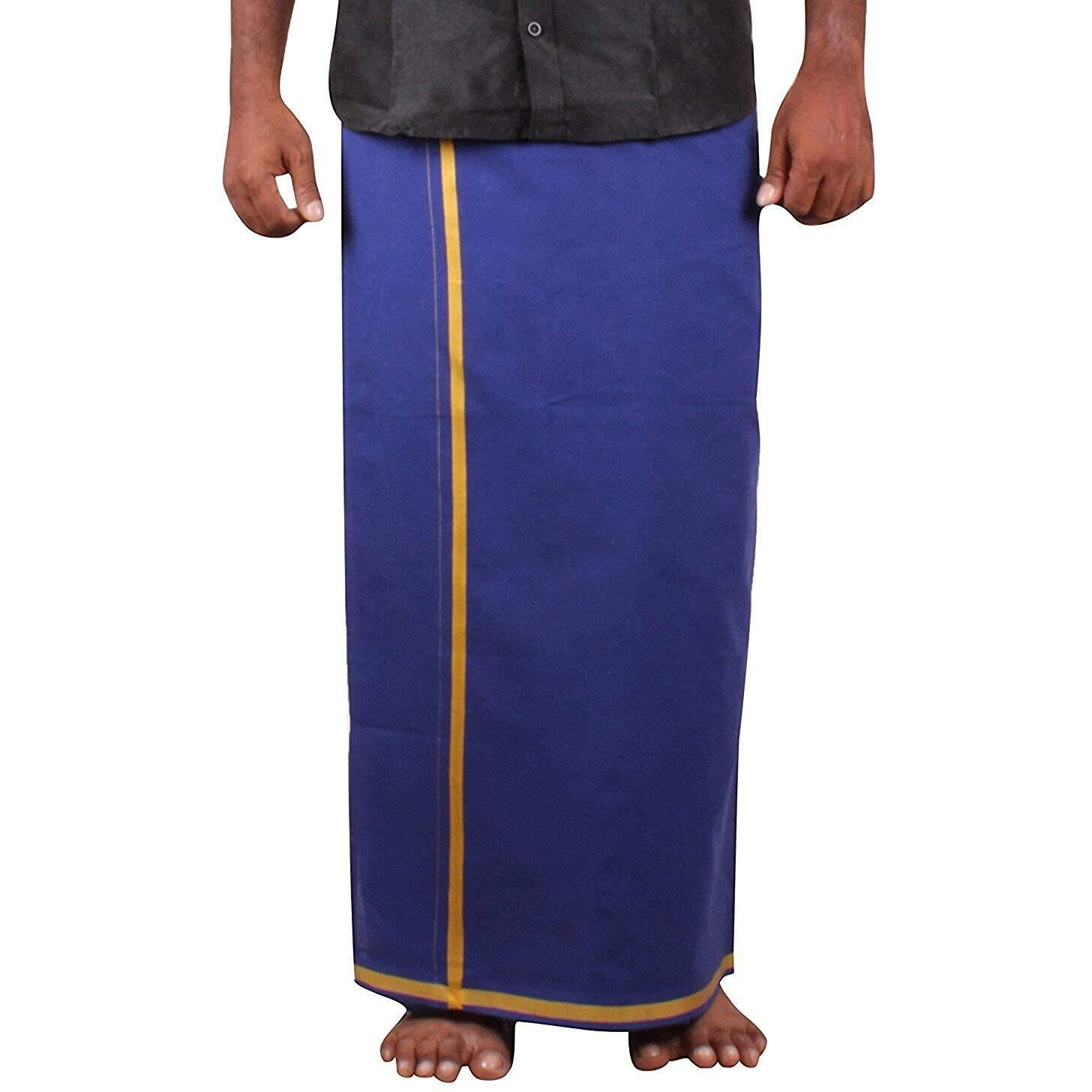 Prakasam Cotton Mens Pure Cotton Fine Quality Stitched Pocket Welcro Attachment Blue Colour Dhoti For Mens