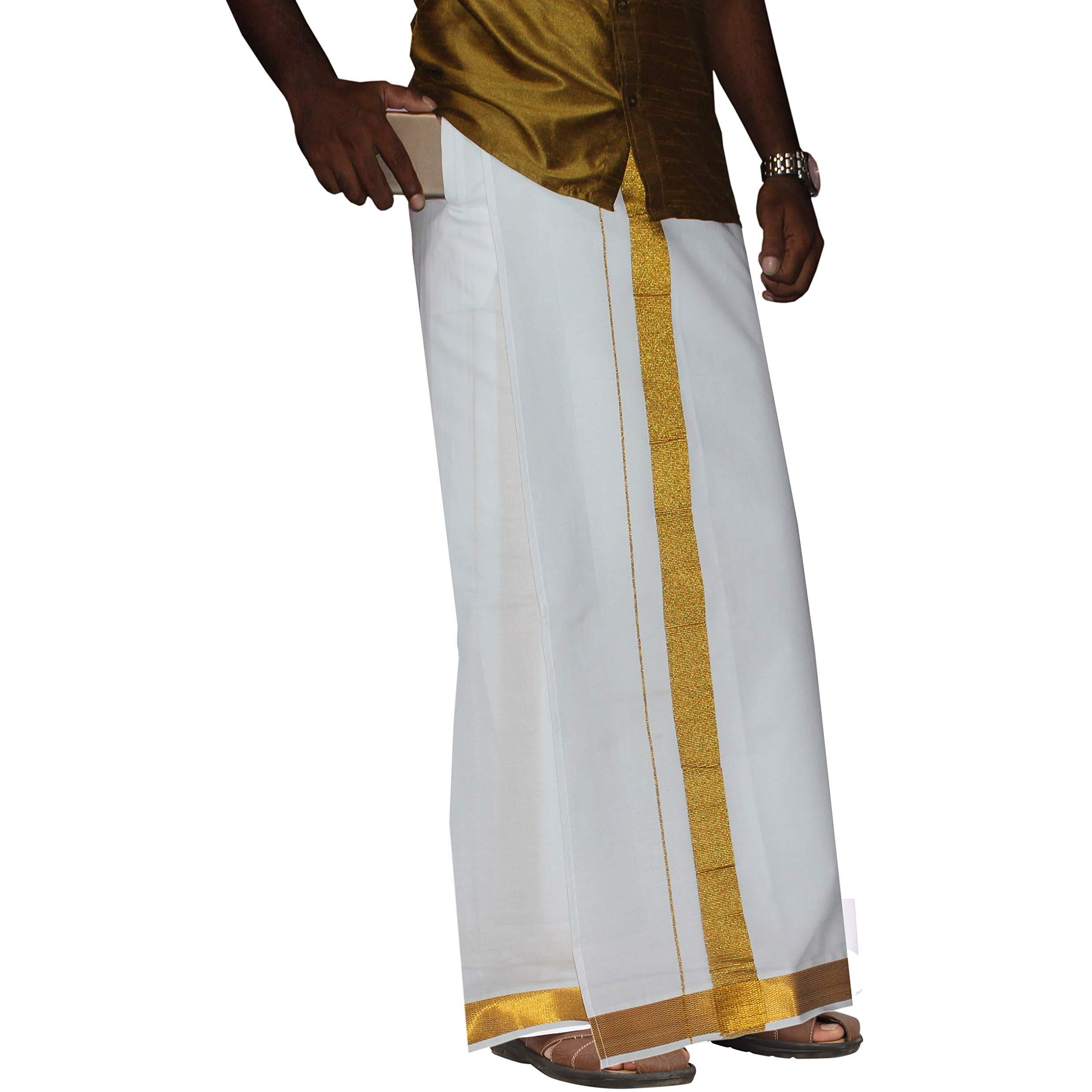 Prakasam Cotton Men's White Colour 2 Inch Gold Jari Border Welcro Pocket Dhoti/Size Hip -42 Inches- Length- 42 Inches