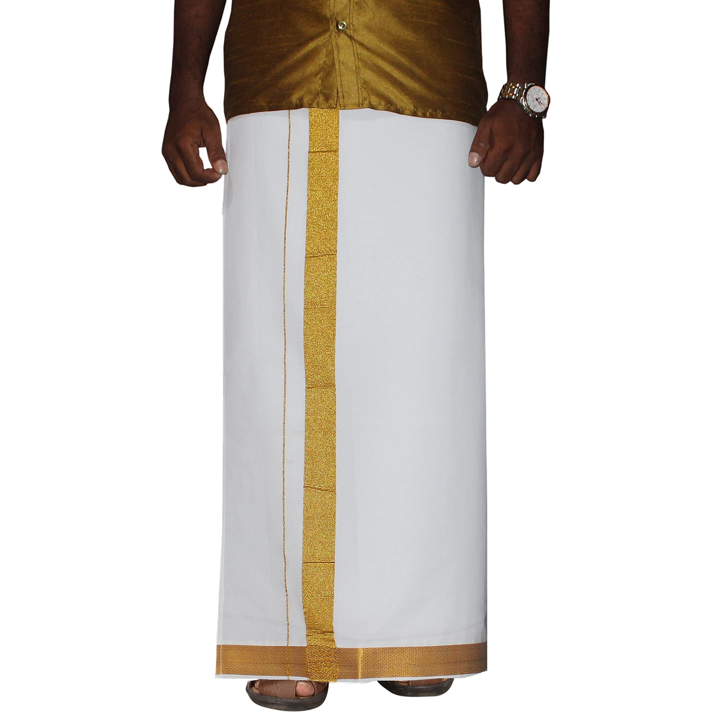 Prakasam Cotton Men's White Colour 2 Inch Gold Jari Border Welcro Pocket Dhoti/Size Hip -42 Inches- Length- 42 Inches