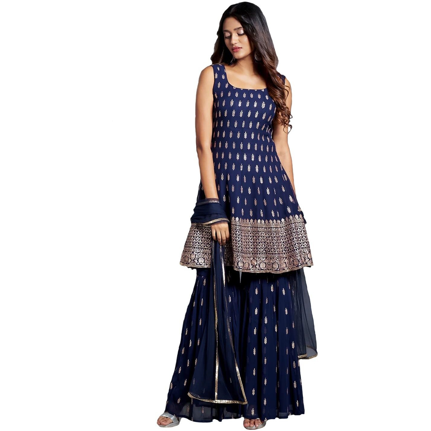 Xomantic Fashion Women's Embroiderd Work Navyblue Color Weding Wear Anarkali Kurta Sharara Set (Medium, Navyblue)