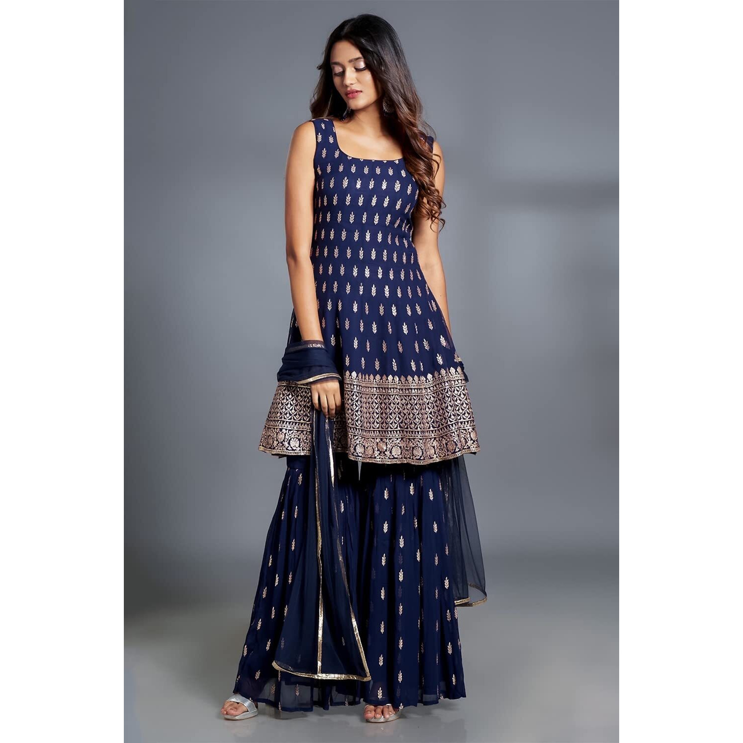 Xomantic Fashion Women's Embroiderd Work Navyblue Color Weding Wear Anarkali Kurta Sharara Set (Medium, Navyblue)