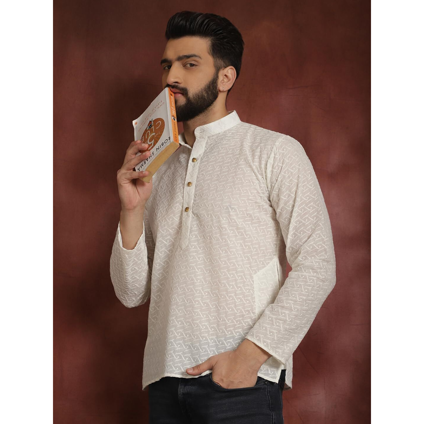Sojanya Ethnic Motifs Chikankari Embroidered Cream Pure Cotton Short Kurta