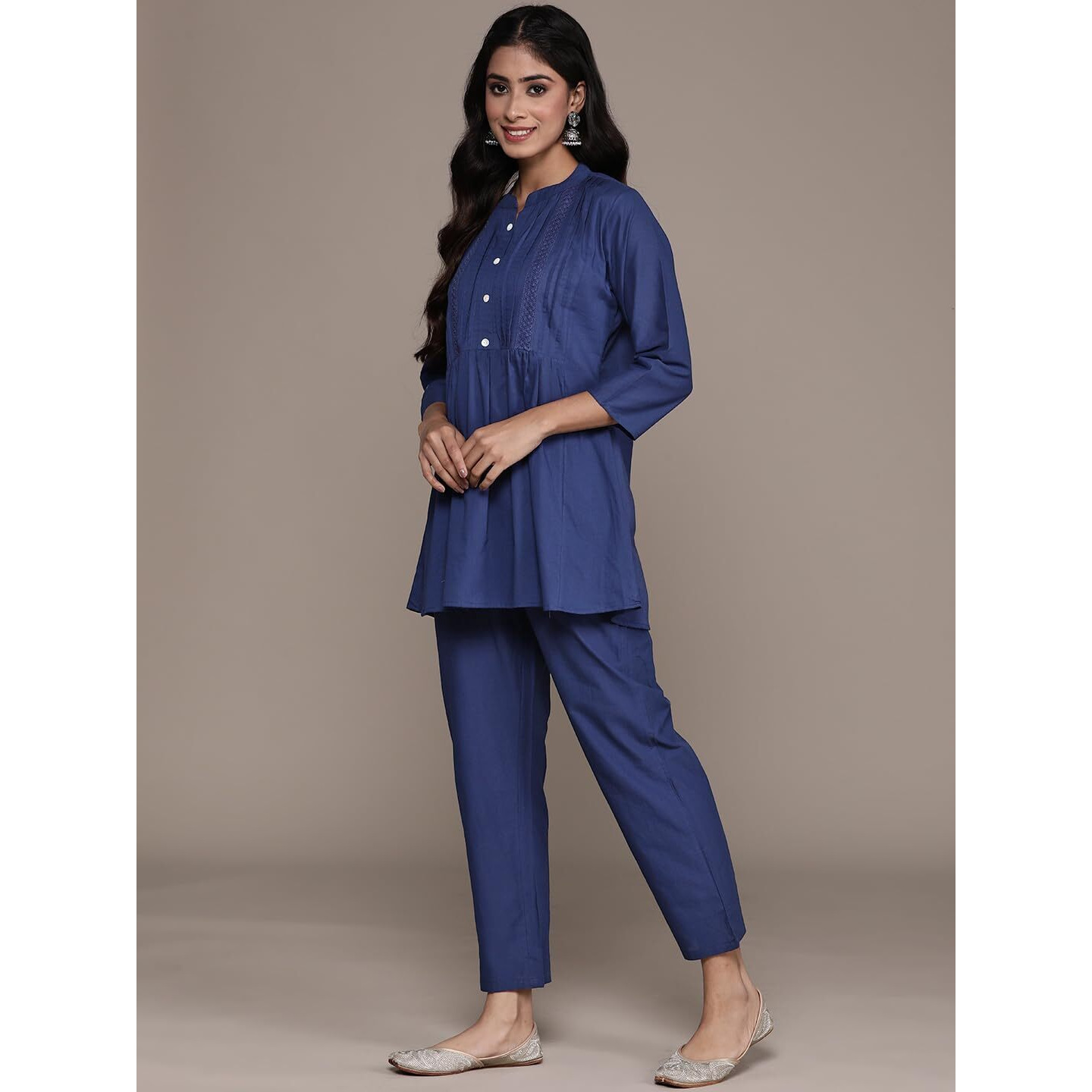 Anubhutee Women's Blue Solid A Line Pure Cotton Co-Ord Set