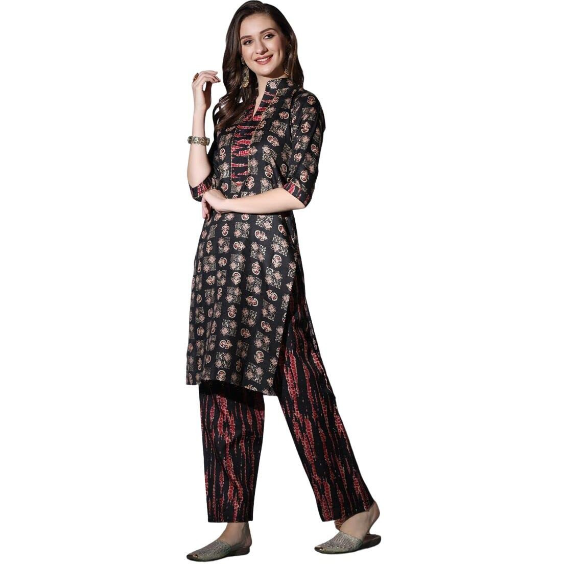 Dhruvi Trendz Women Cotton Blend Fancy Kurta Set Regular Fit Printed (Dt-K2703&P125_Black_L)