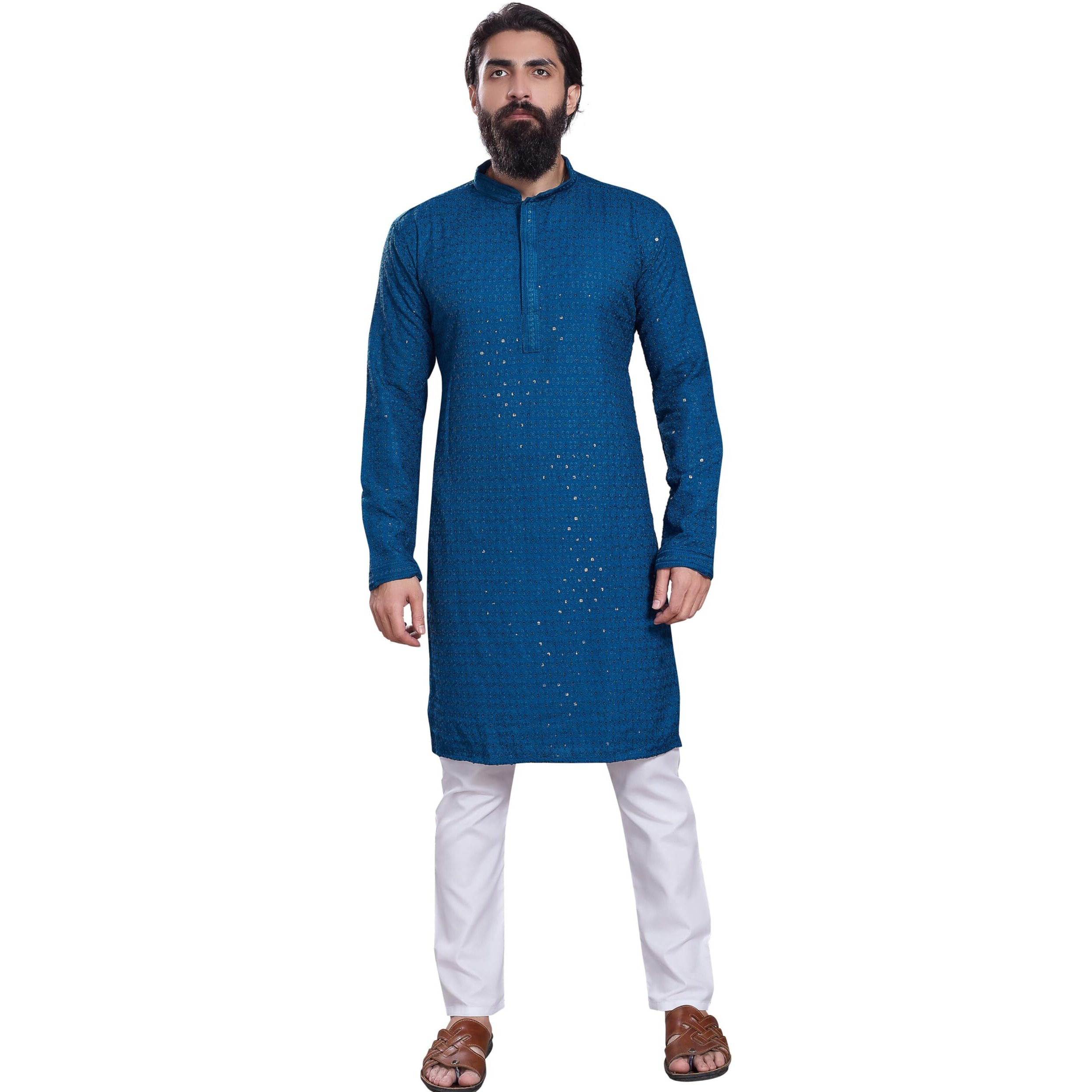 Divisive Men's Sequince Embroidered Cotton Blend Only Slim Fit Kurta (Dkrt222_S_Teal)