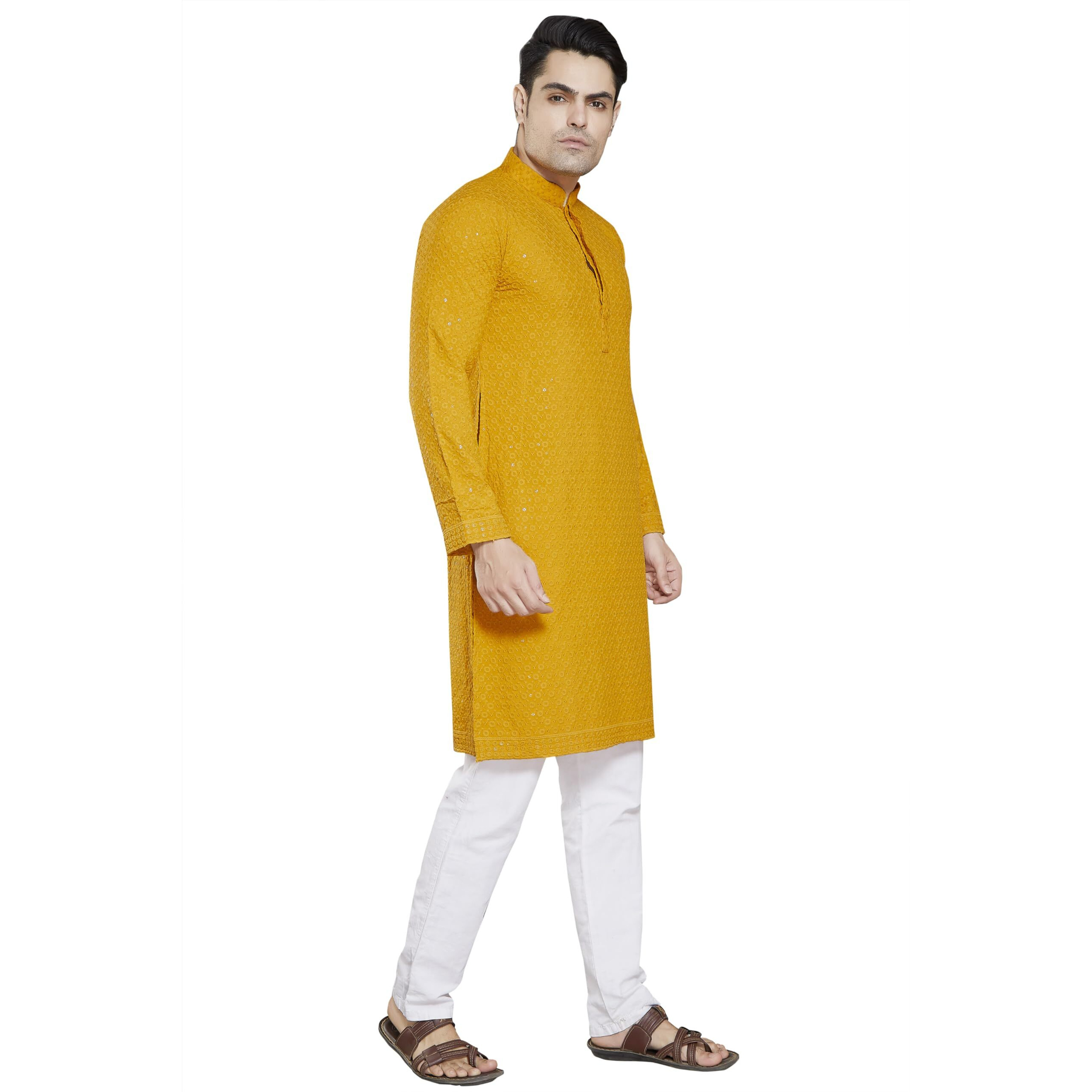 Divisive Men's Sequince Embroidered Cotton Blend Slim Fit Kurta Pyjama Set (Dkrt31_M_Mustard)