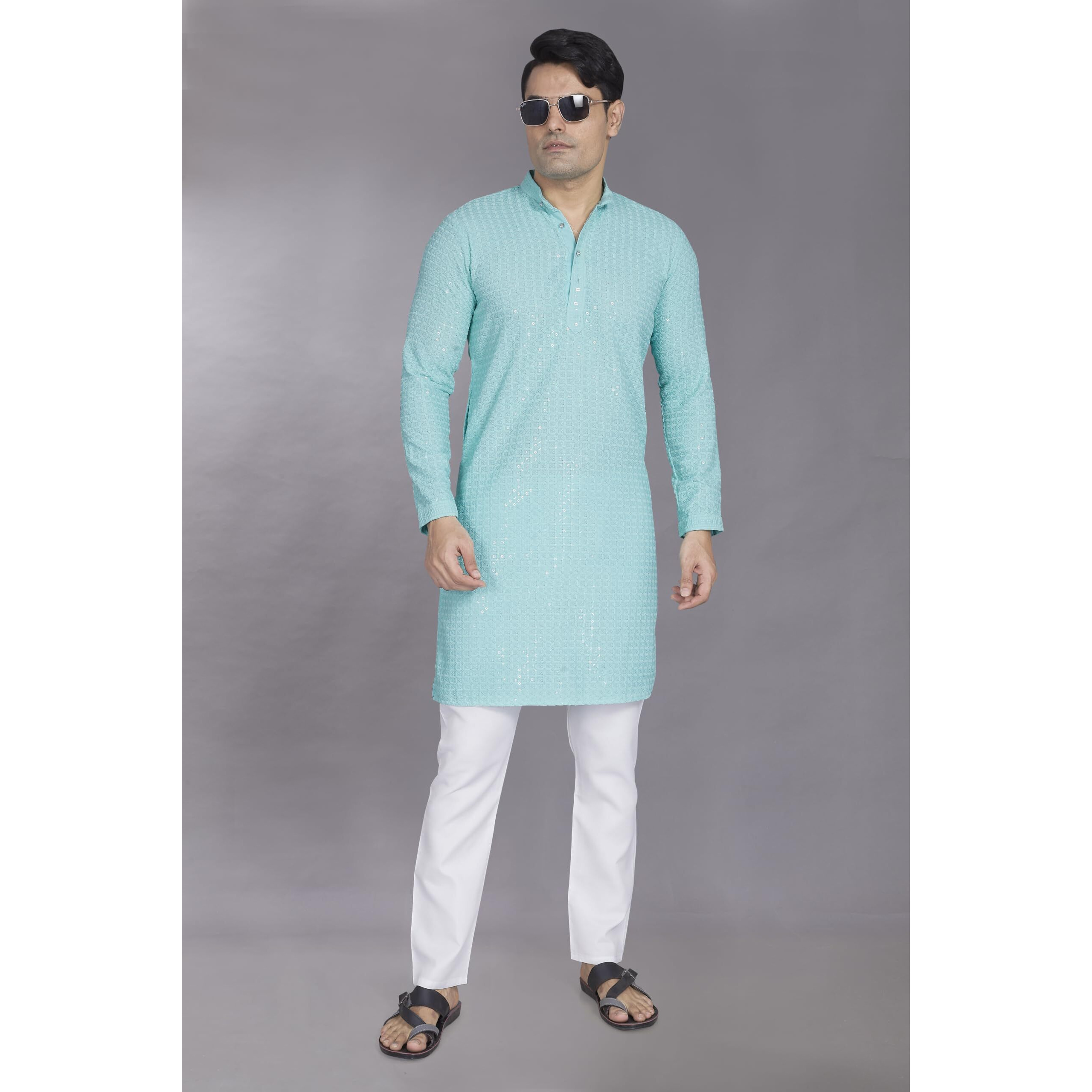 Divisive Men's Sequince Embroidered Cotton Blend Only Slim Fit Kurta (Dkrt749_M_Sea Green)
