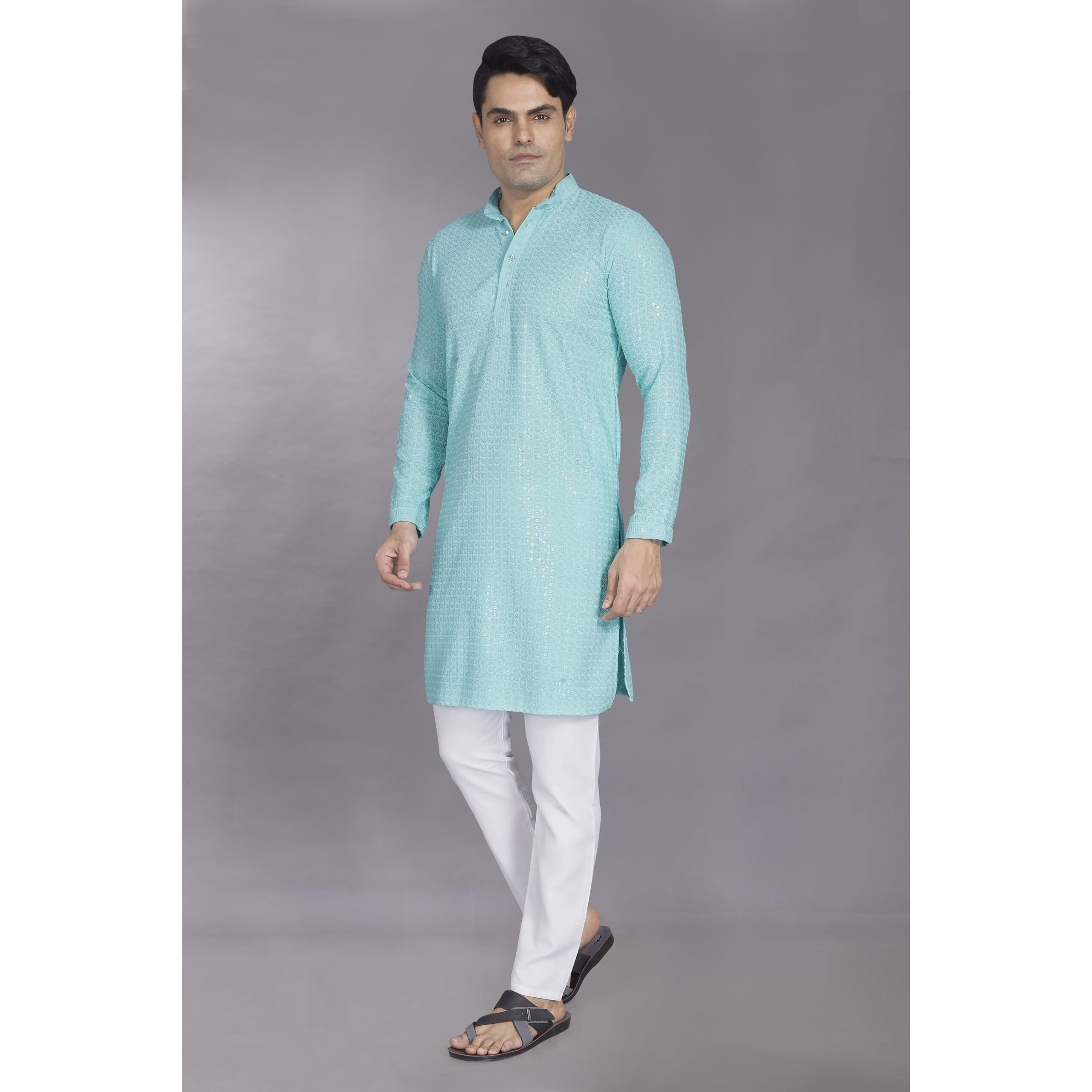 Divisive Men's Sequince Embroidered Cotton Blend Only Slim Fit Kurta (Dkrt749_M_Sea Green)
