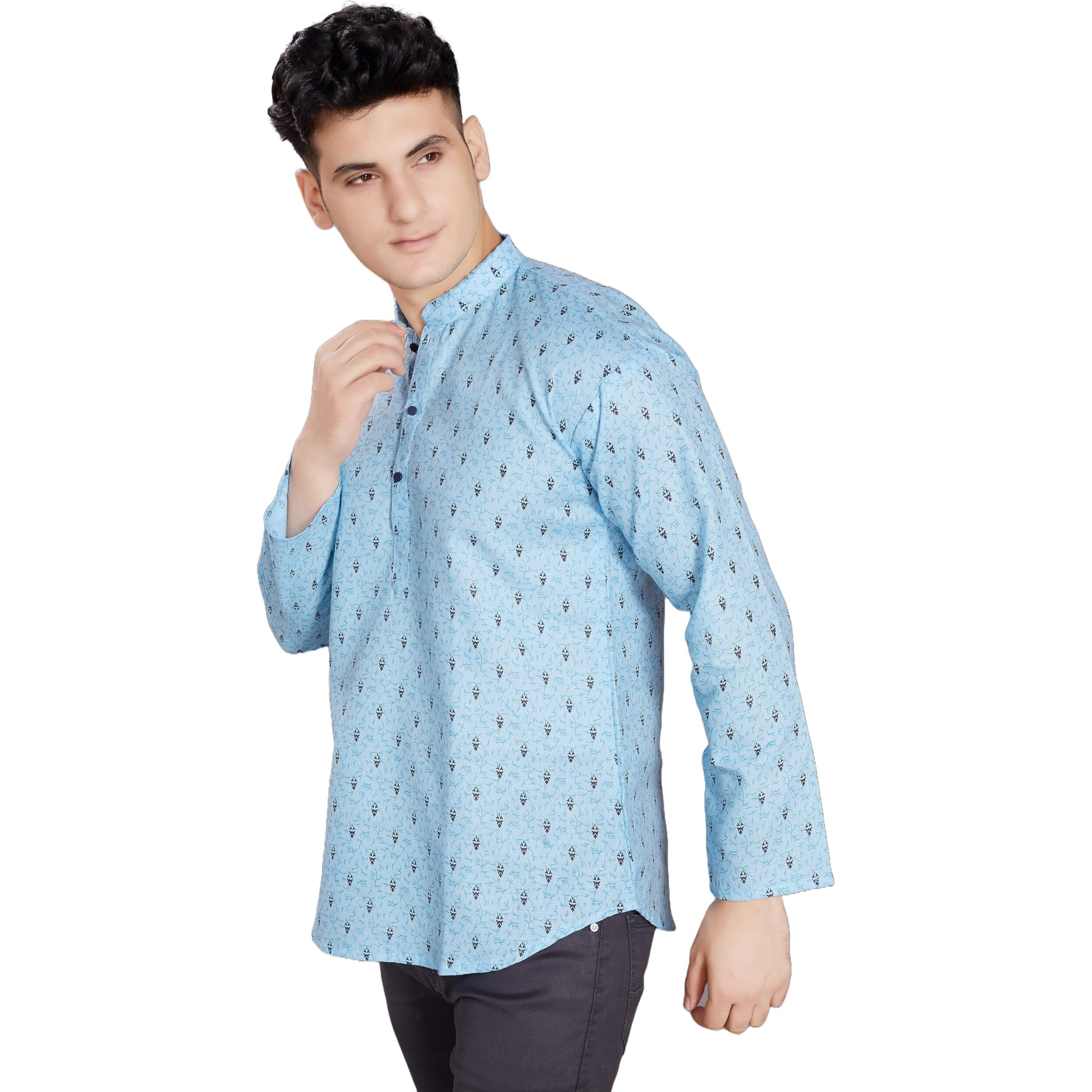 Divisive Men's Pure Cotton Relaxed Fit Printed Short Kurta (Dkrt443_Xl_Sky Blue)