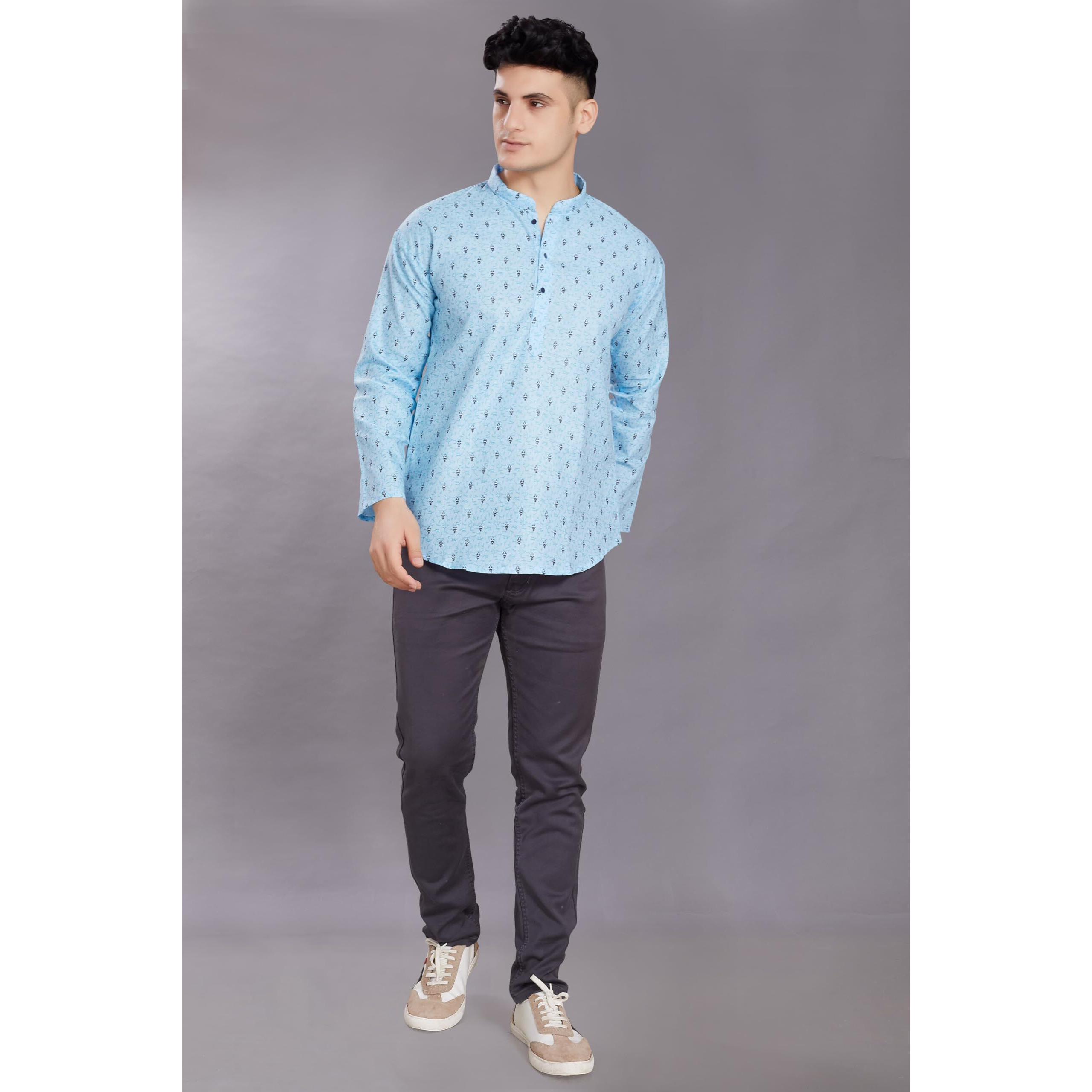 Divisive Men's Pure Cotton Relaxed Fit Printed Short Kurta (Dkrt443_Xl_Sky Blue)