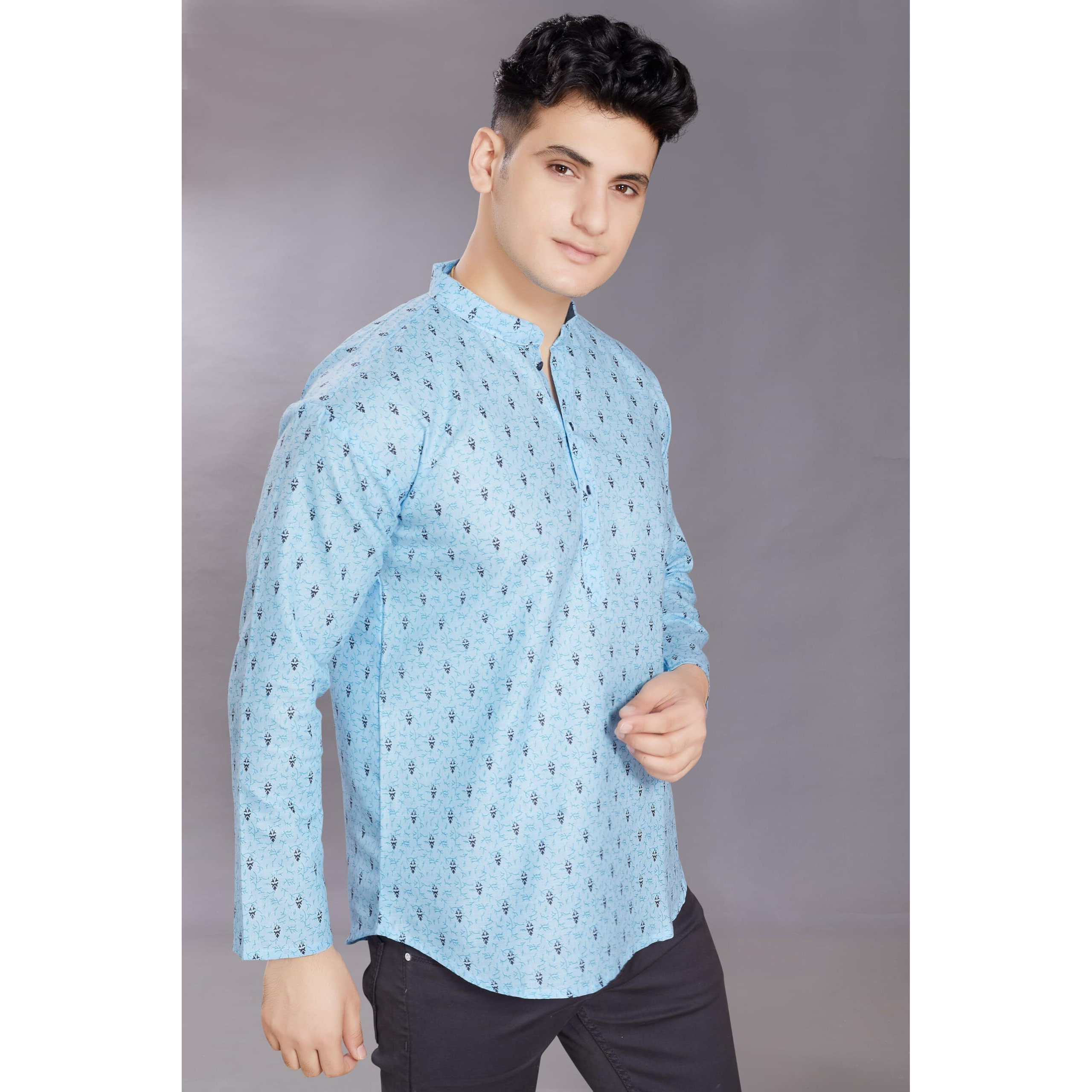 Divisive Men's Pure Cotton Relaxed Fit Printed Short Kurta (Dkrt443_Xl_Sky Blue)