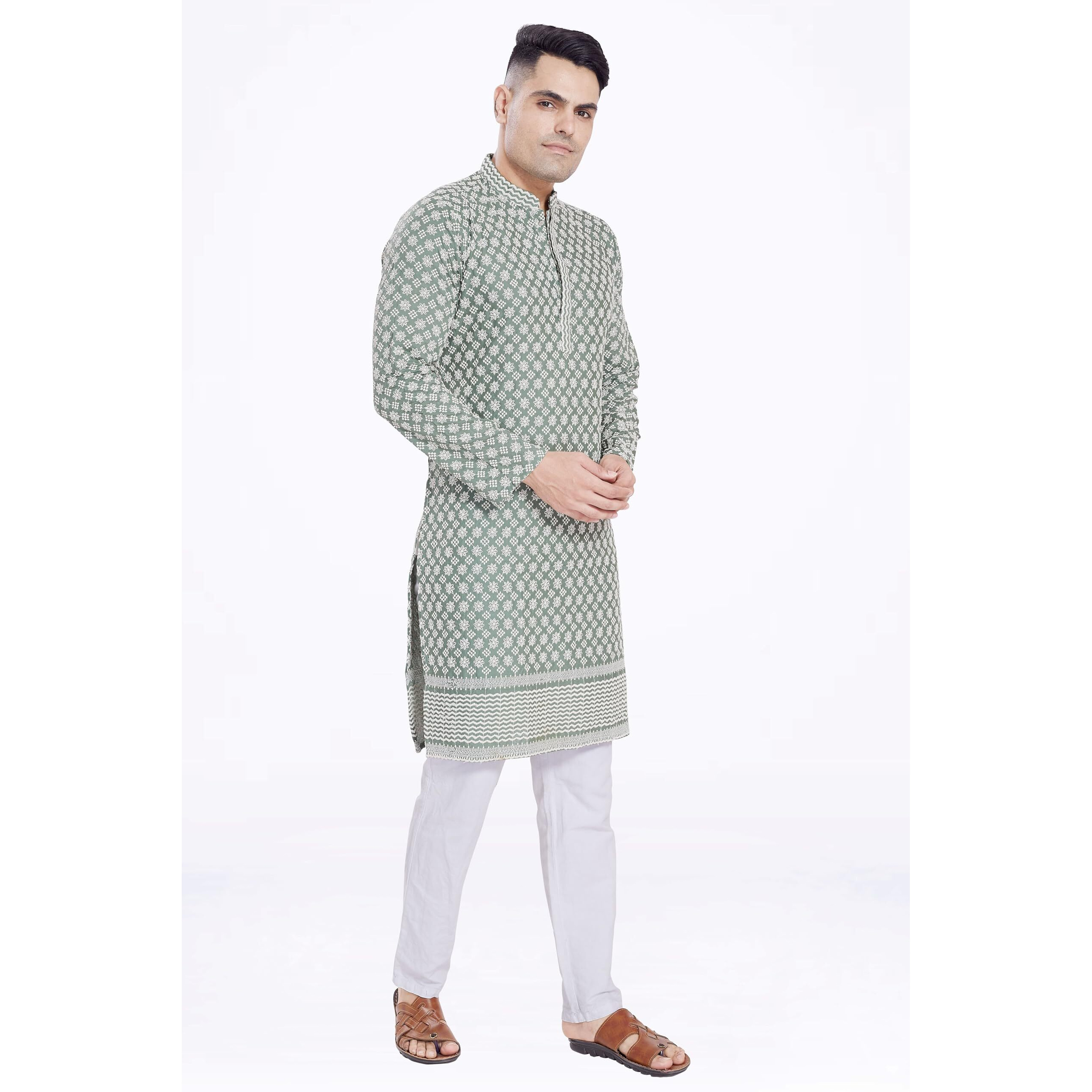 Divisive Men's Thread Embroidered Cotton Blend Only Slim Fit Kurta (Dkrt173_S_Green)
