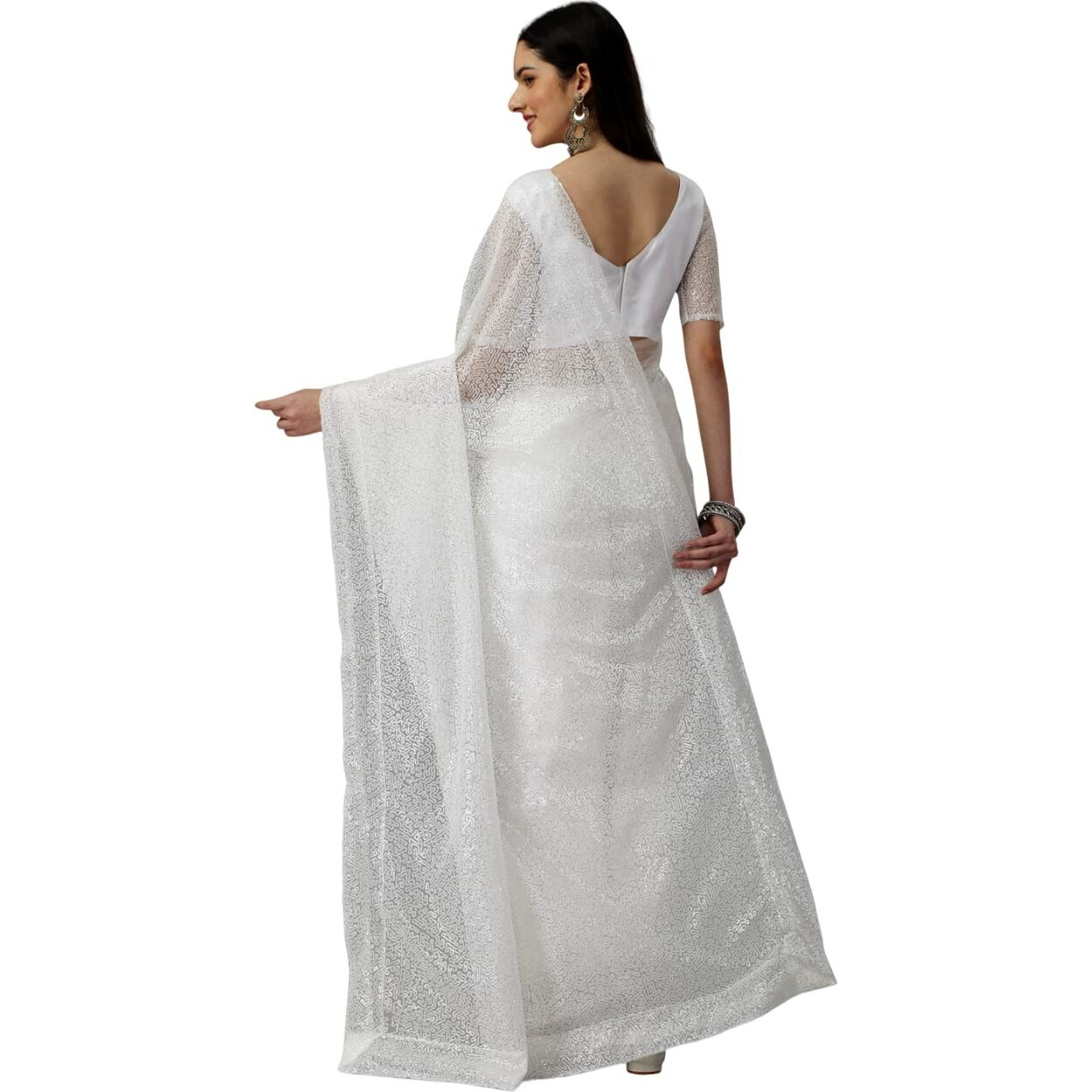 Fashion Basket Womens Net Embroidery Sequence & Beads White Saree With Un-Stitched Blouse (Fb-Sr-Sari2929_White)