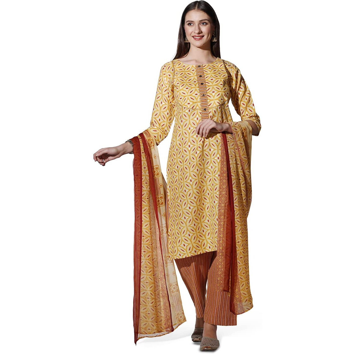 Greciilooks Womens Cotton Casual Regular Fit Kurta Set (Yellow, Medium)