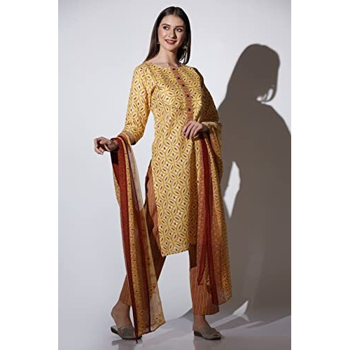 Greciilooks Womens Cotton Casual Regular Fit Kurta Set (Yellow, Medium)