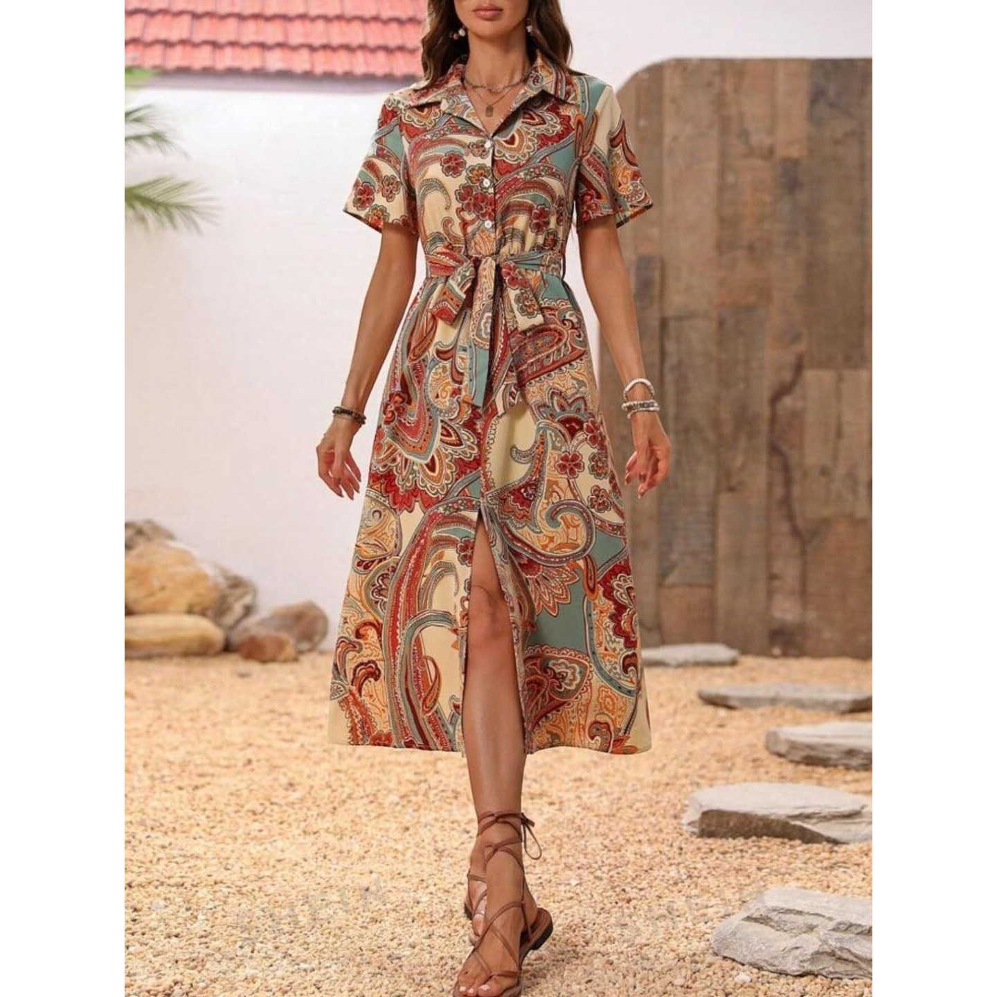 Gufrina Women's Half Sleeve Collar Neck Dress - Elegant Button-Down Midi Dress With Paisley Print And Tie-Up Belt (Beige Xl)