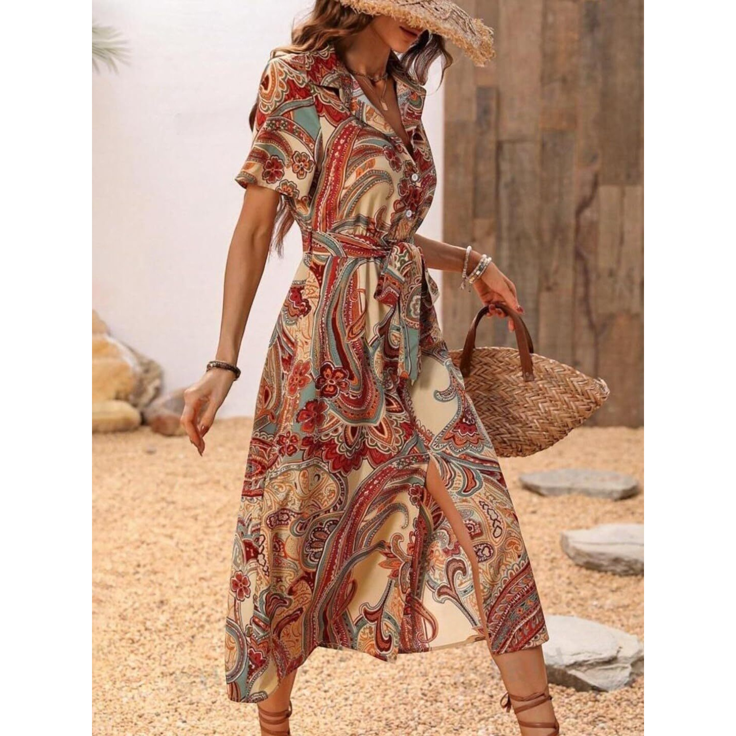 Gufrina Women's Half Sleeve Collar Neck Dress - Elegant Button-Down Midi Dress With Paisley Print And Tie-Up Belt (Beige Xl)