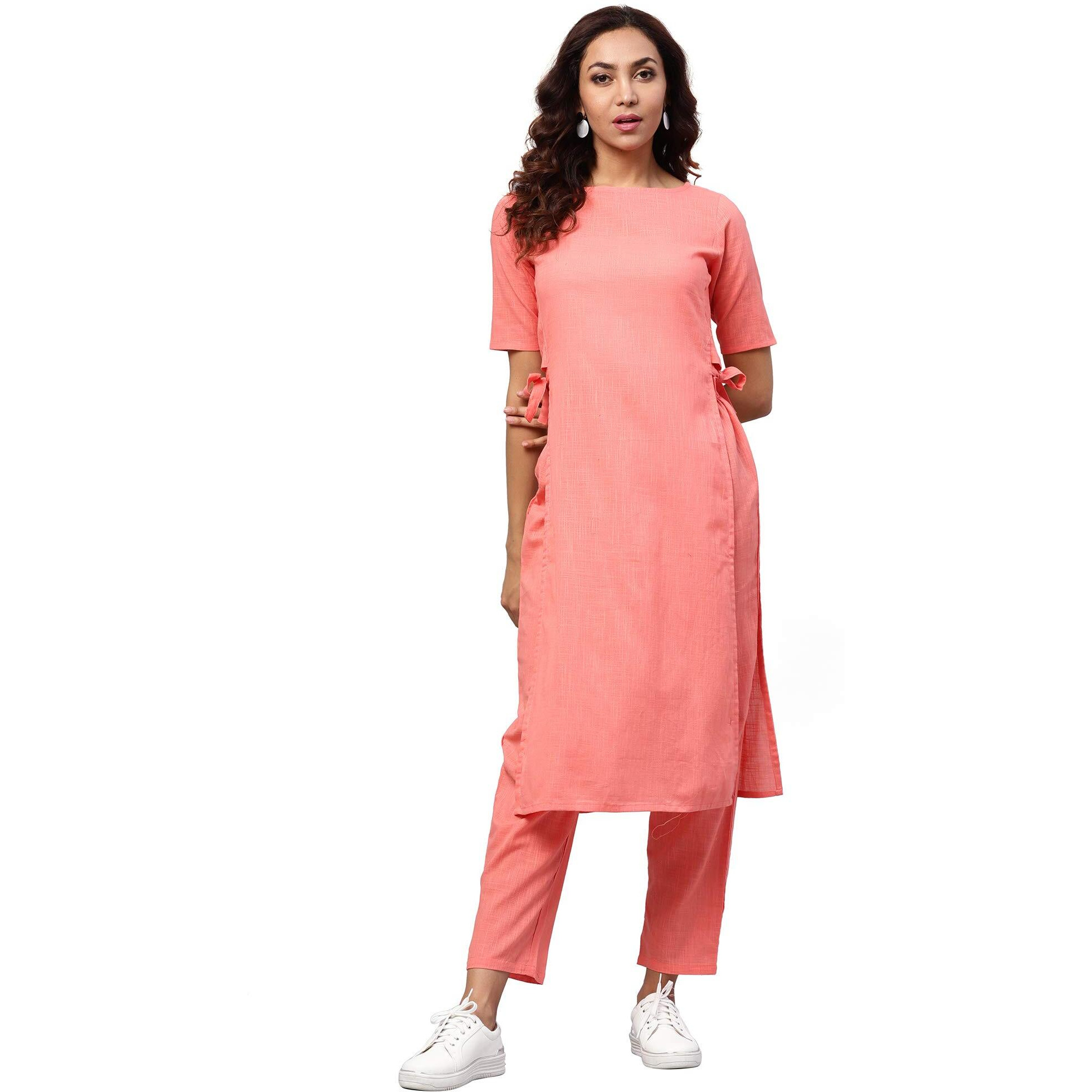 Idalia Rayon Peach Solid Straight Kurta Set For Women 3/4 Sleeve, Round V Neck Designer Kurta With Pant