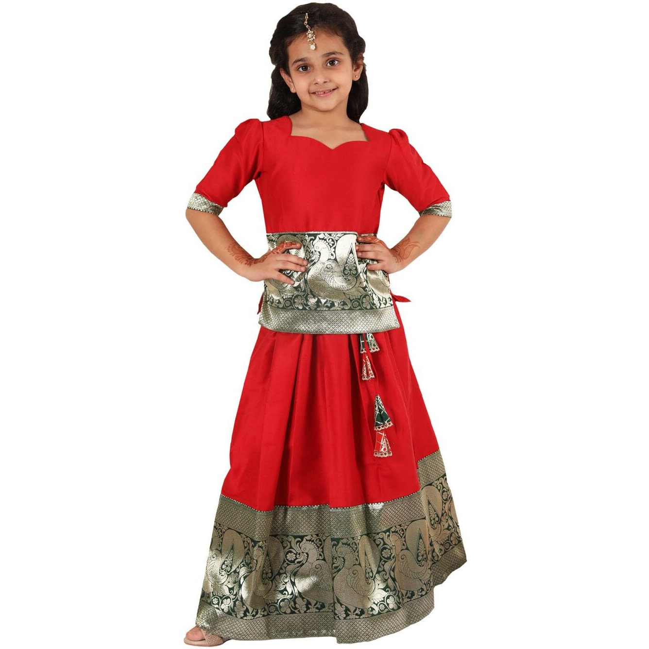 Jbn Creation Silk Blend Girls South Indian Style Pavda Pattu Lehenga (Jbnglc053Rd_34_Red And Green_11 Years-12 Years)