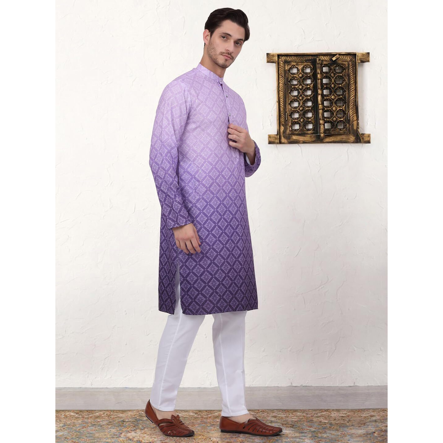 Jompers Men's Purple Ombre Printed Kurta Pyjama Set (Purple, L)