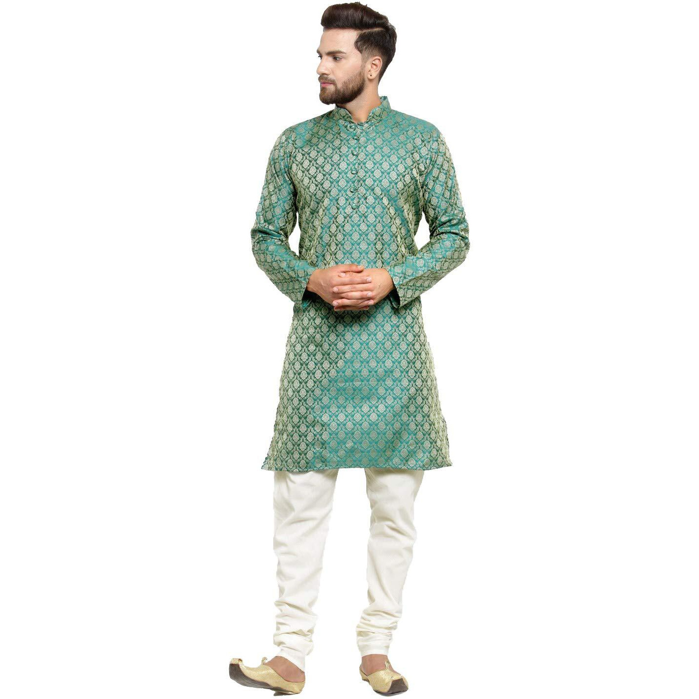 Jompers Men's Silk Kurta Pyjama Set (Green, Medium)