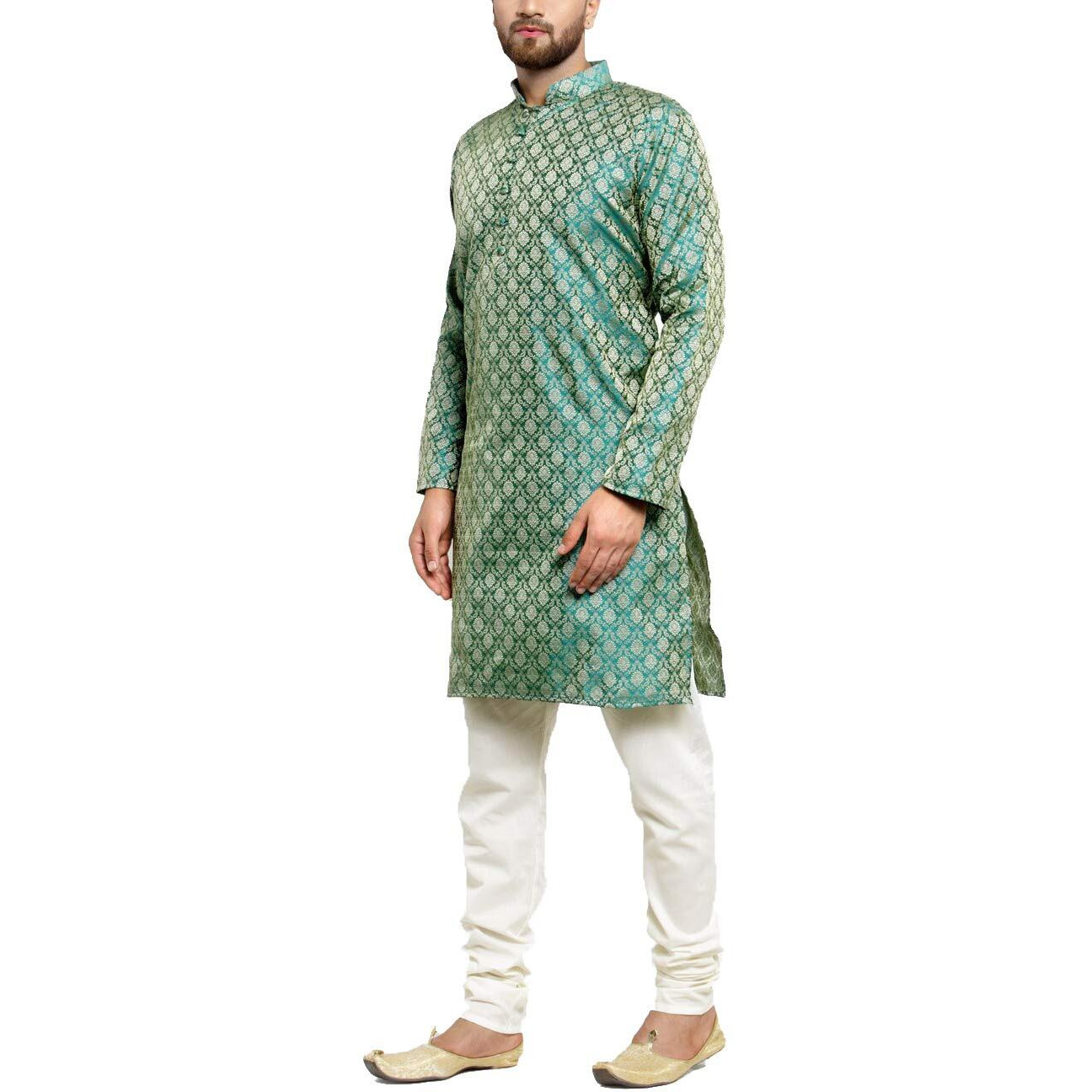 Jompers Men's Silk Kurta Pyjama Set (Green, Medium)