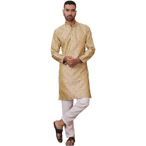 Jompers Men's Golden Silk Blend Straight Kurta Pyjama Set. (Golden, Xl)