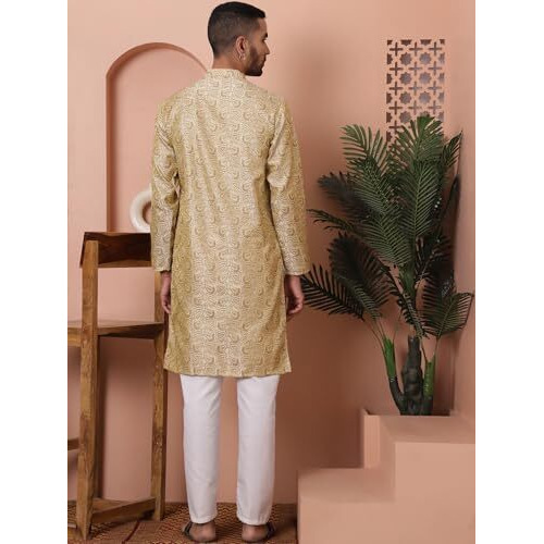 Jompers Men's Golden Silk Blend Straight Kurta Pyjama Set. (Golden, Xl)