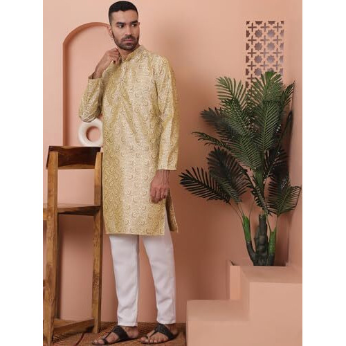 Jompers Men's Golden Silk Blend Straight Kurta Pyjama Set. (Golden, Xl)