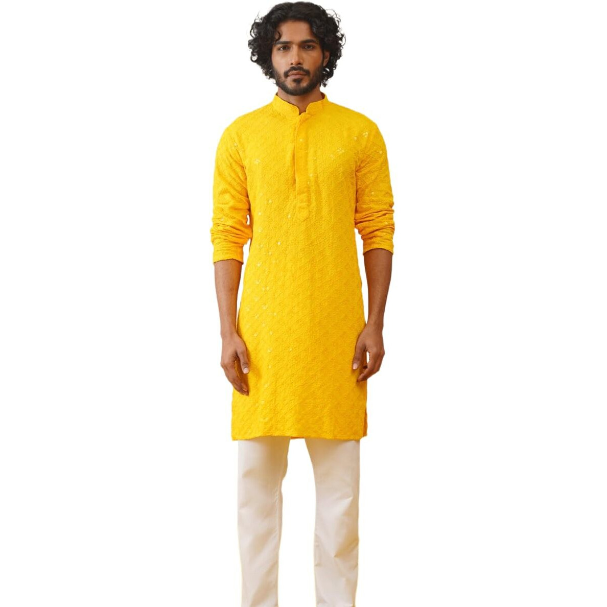 Jompers Men's Yellow Chikankari And Sequence Kurta With Pyjama. (Yellow, S)