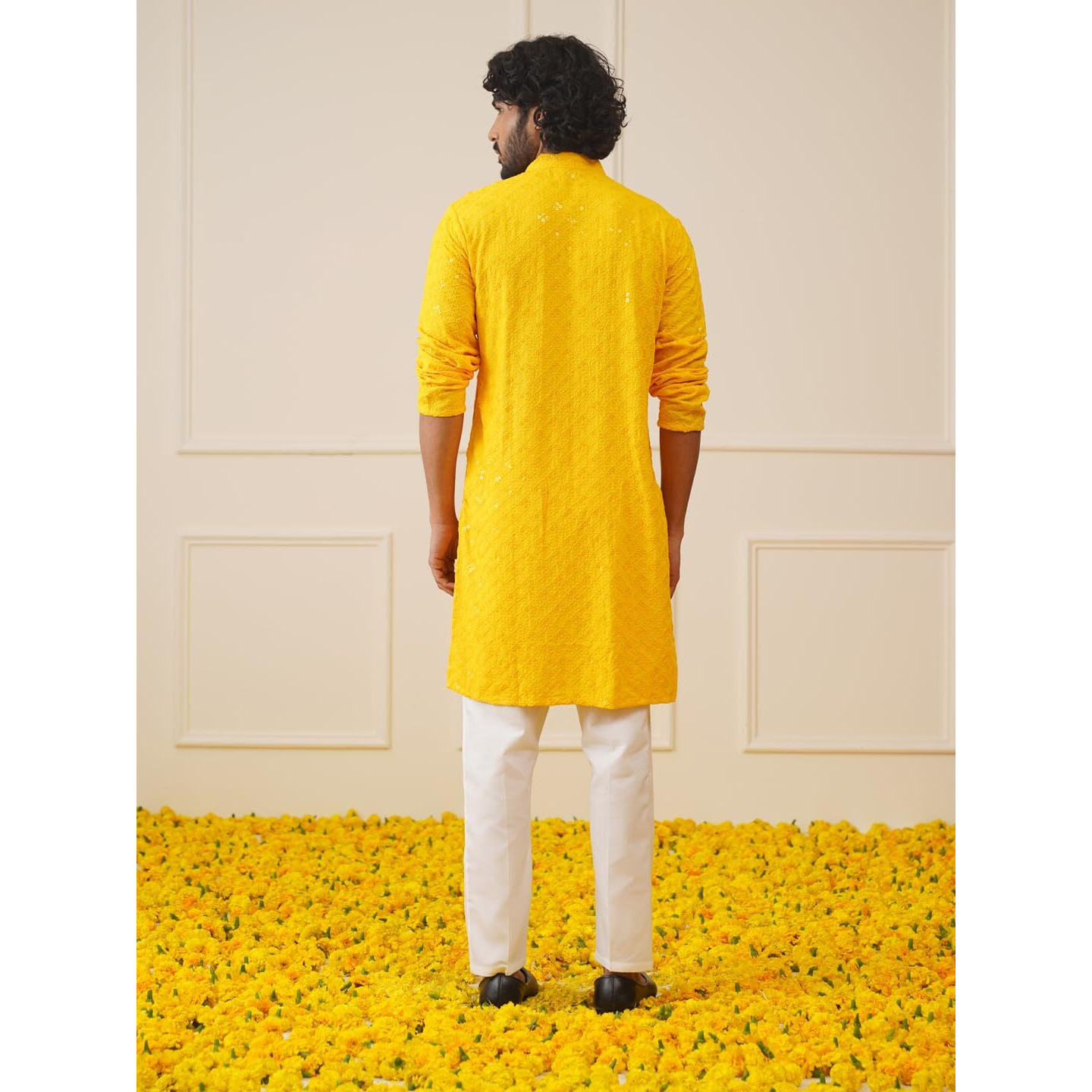 Jompers Men's Yellow Chikankari And Sequence Kurta With Pyjama. (Yellow, S)