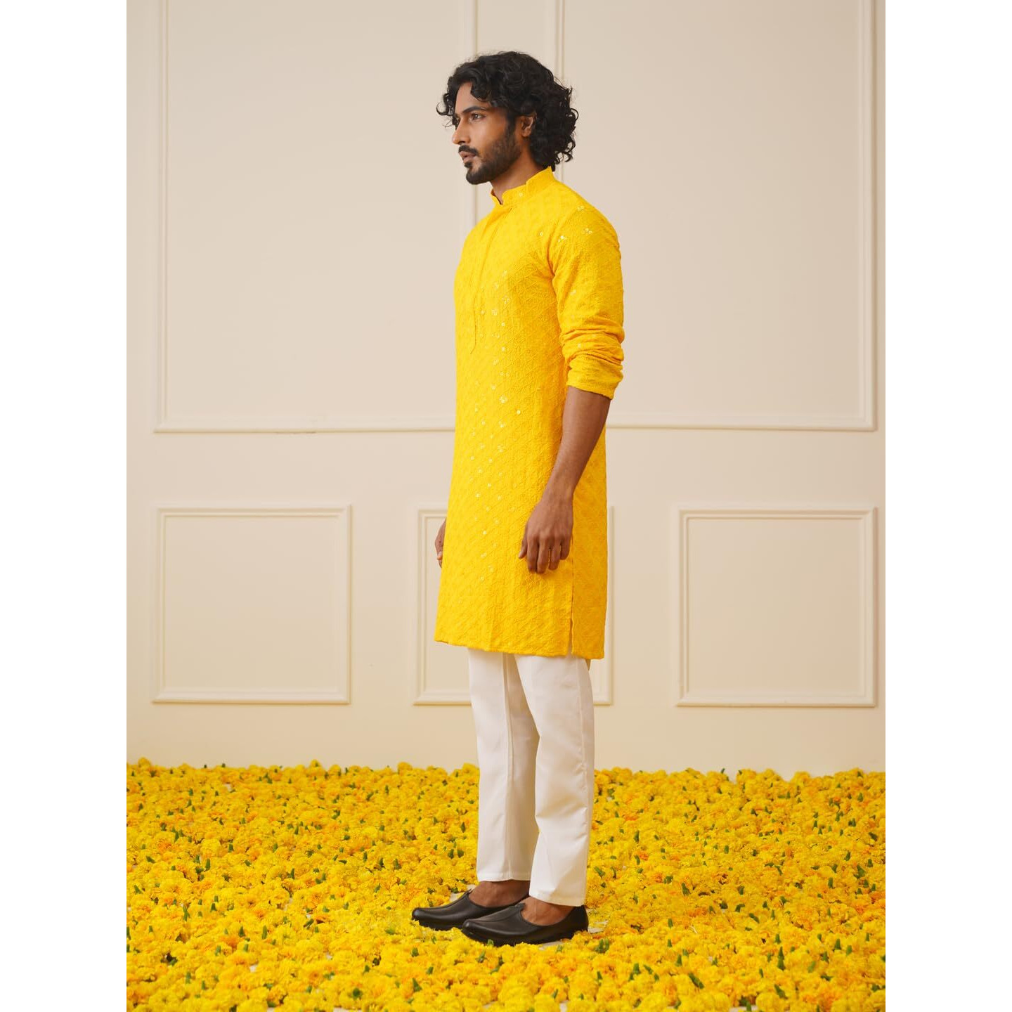 Jompers Men's Yellow Chikankari And Sequence Kurta With Pyjama. (Yellow, S)