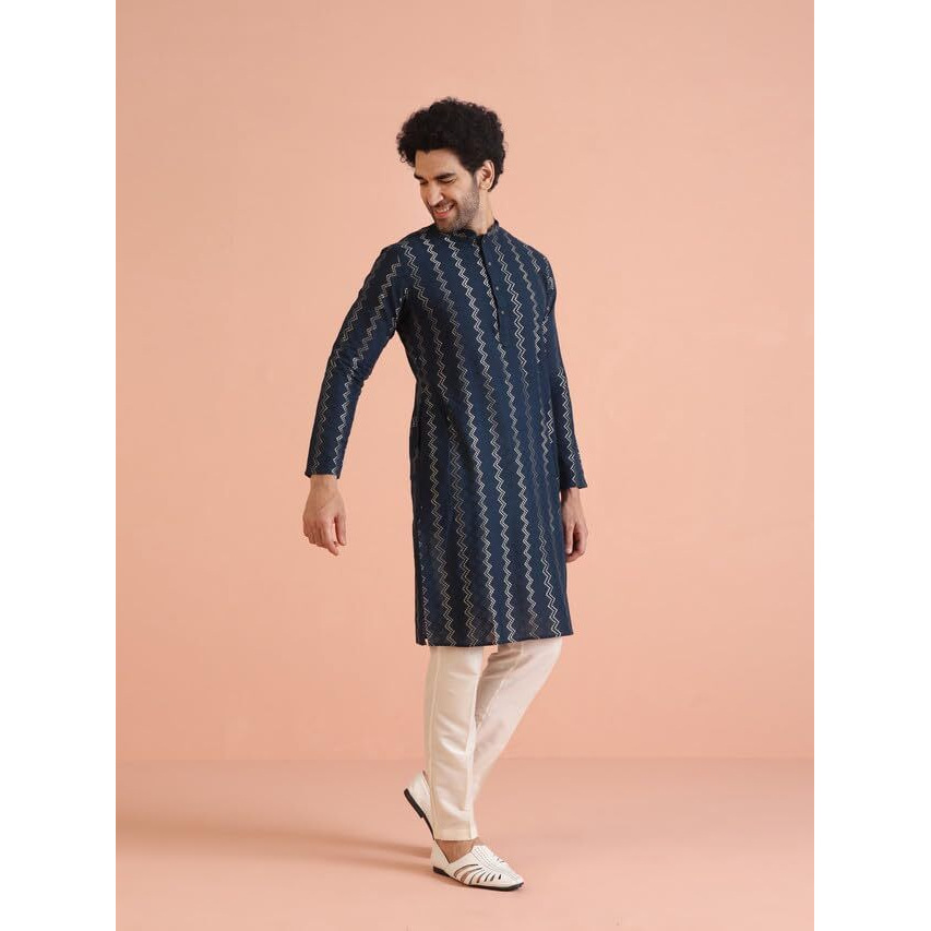 Kisah Men's Kurta Trouser Set, Navy Blue Cotton Blend, Embroidered Regular Fit Mandarin Collar Long Sleeves, 40