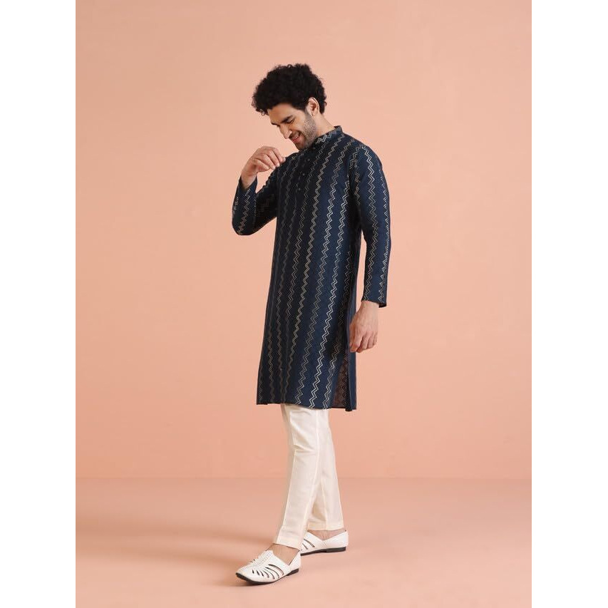 Kisah Men's Kurta Trouser Set, Navy Blue Cotton Blend, Embroidered Regular Fit Mandarin Collar Long Sleeves, 40