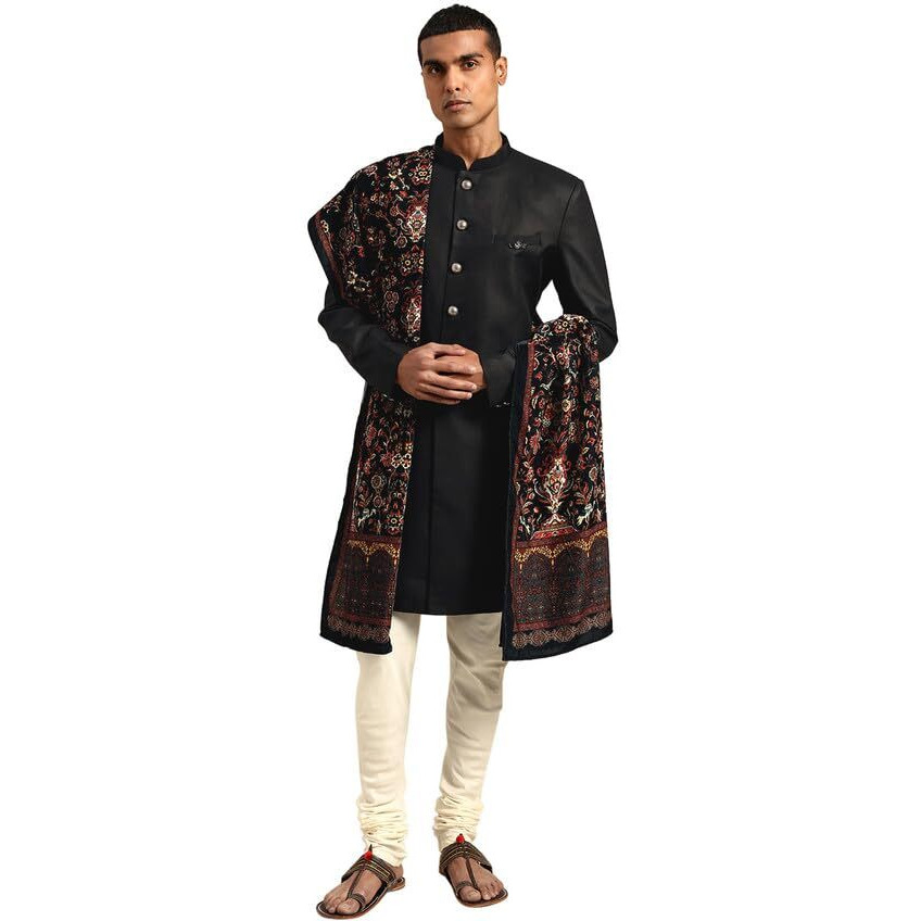 Kisah Mens Duppatta, Velvet Floral Black Duppatta For Men, Free Size
