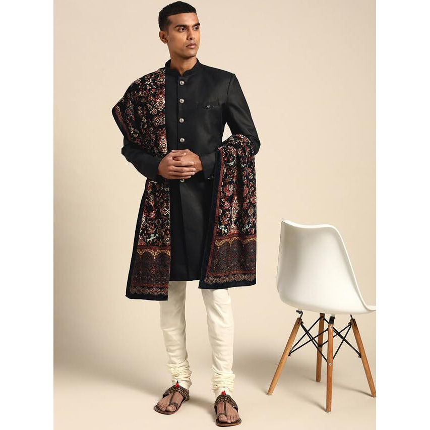 Kisah Mens Duppatta, Velvet Floral Black Duppatta For Men, Free Size